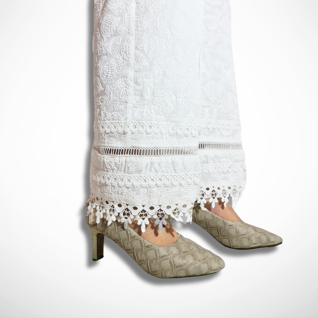 White Lace-Trimmed Puff Embossed Printed Trouser