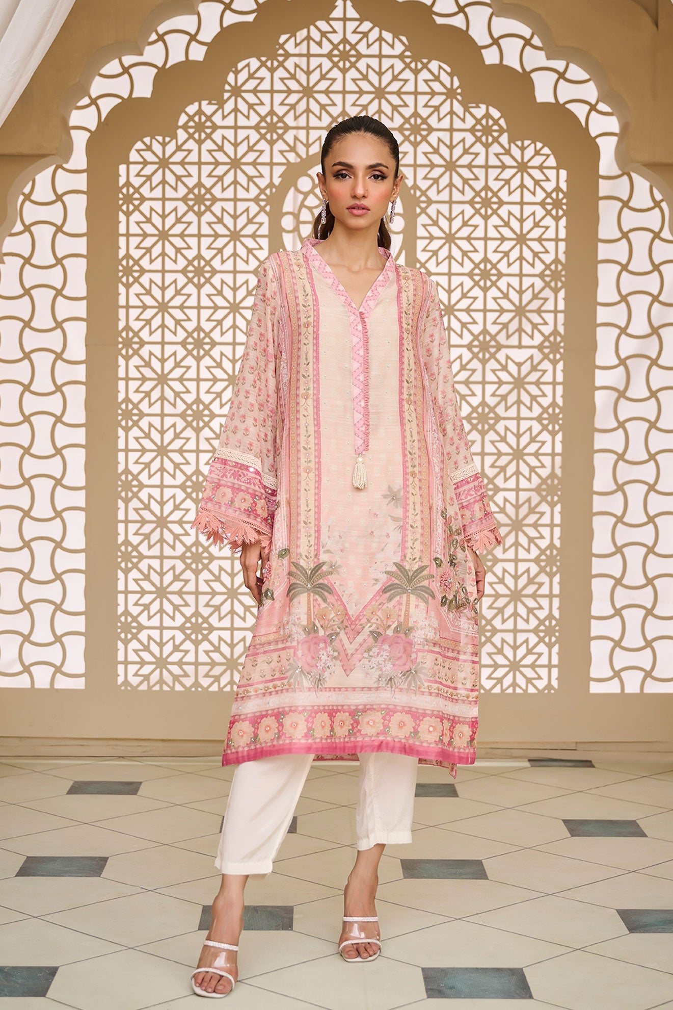 DA-2122 PEACH 2PCS  EMBROIDERED KURTA WITH TROUSER