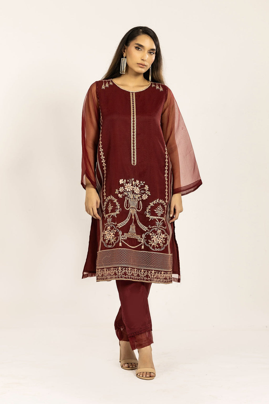 DA-1836 MAROON EMBROIDERED KURTA