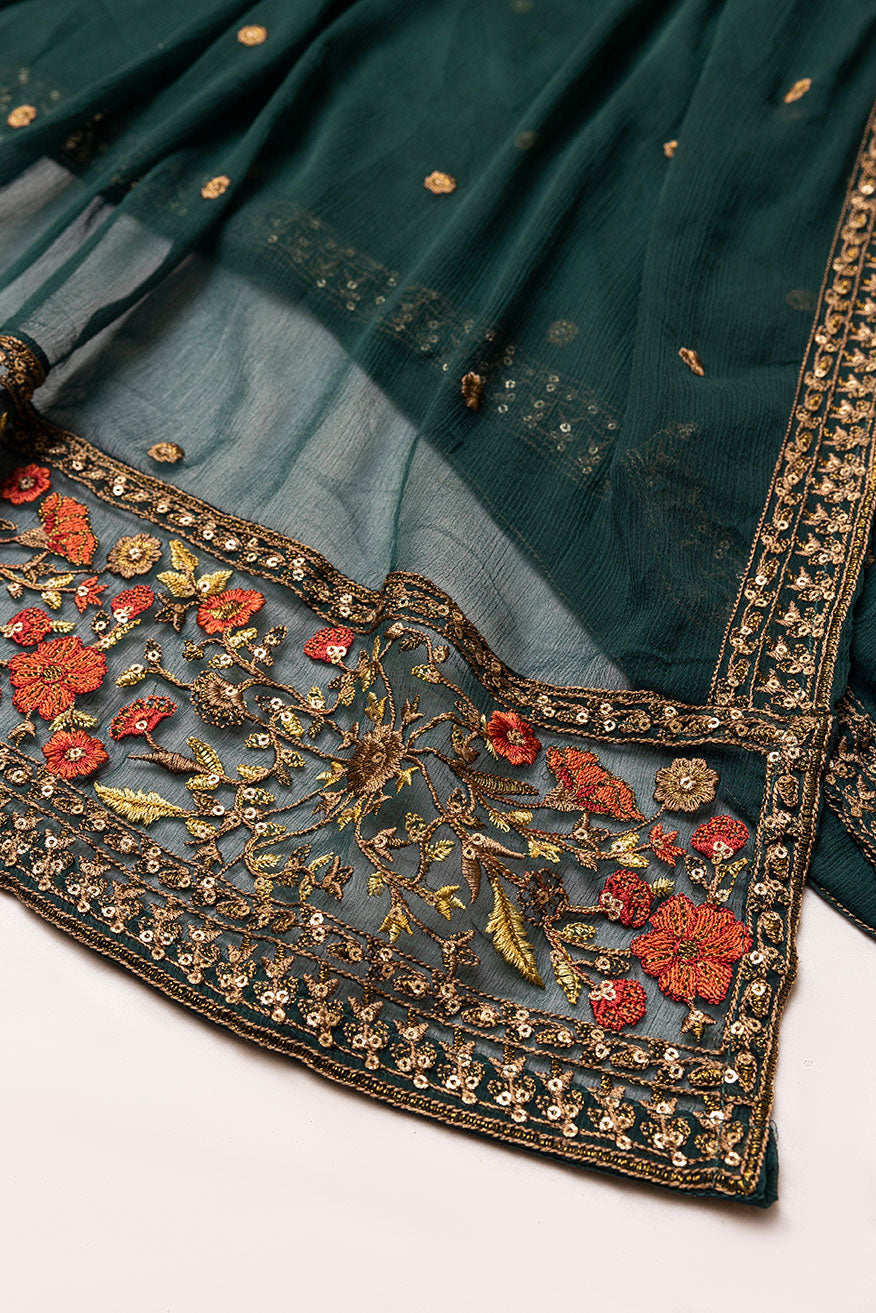 DA-2047 BOTTLE GREEN EMBROIDERED KURTA WITH DUPATTA