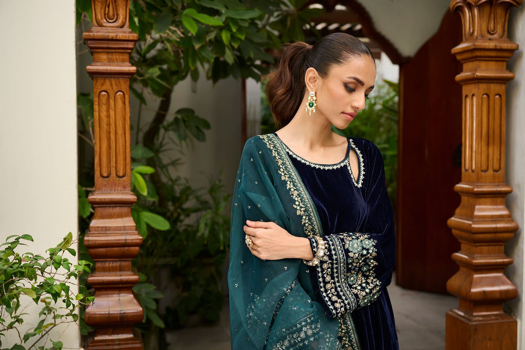DA-2275 NAVY BLUE EMBROIDERED KURTA WITH DUPATTA