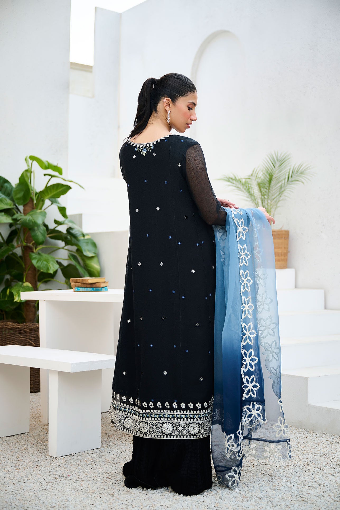 DA-2196 BLACK 2PCS  EMBROIDERED KURTA WITH TROUSER