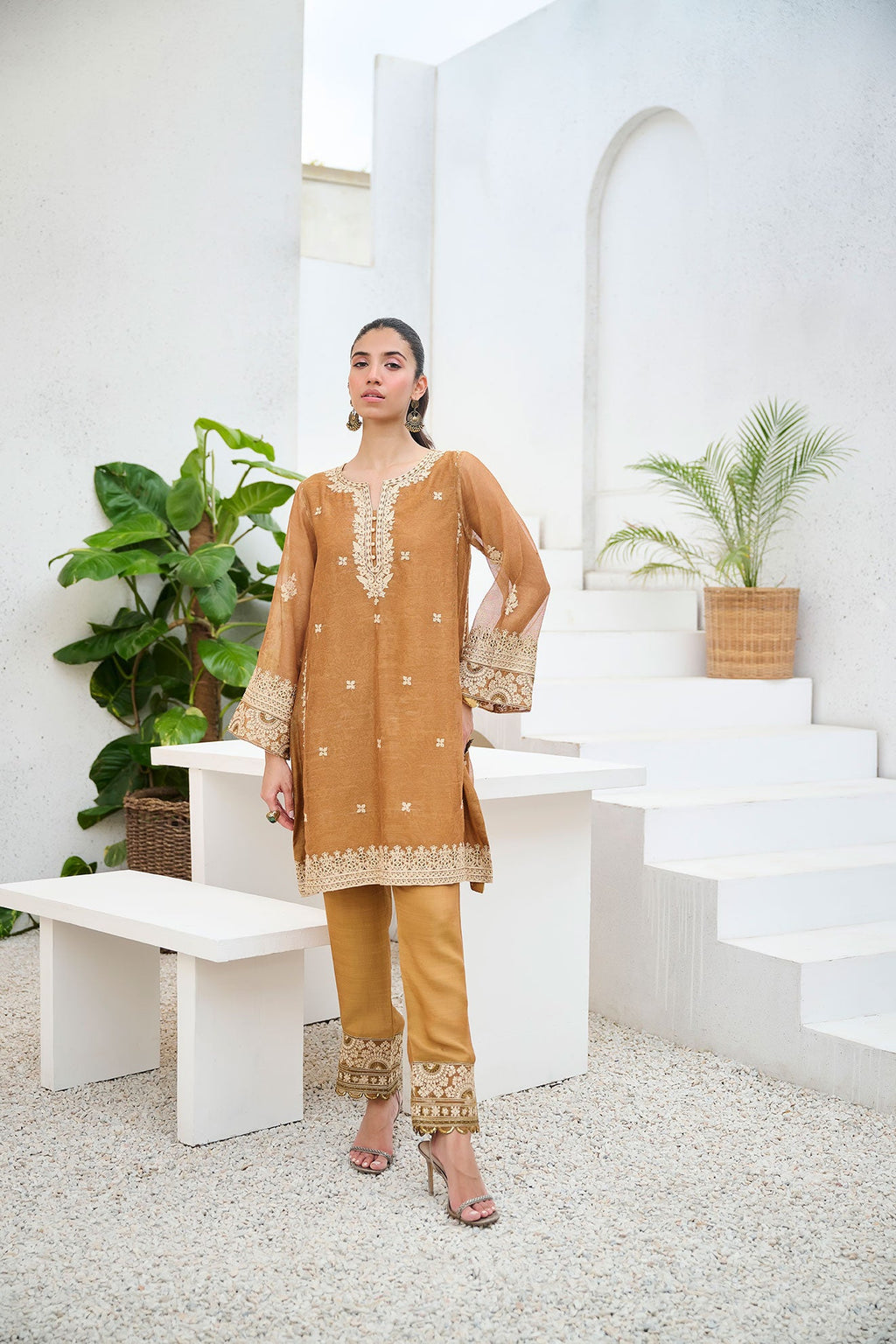 DA-2204 MUSTARD 2PCS  EMBROIDERED KURTA WITH TROUSER