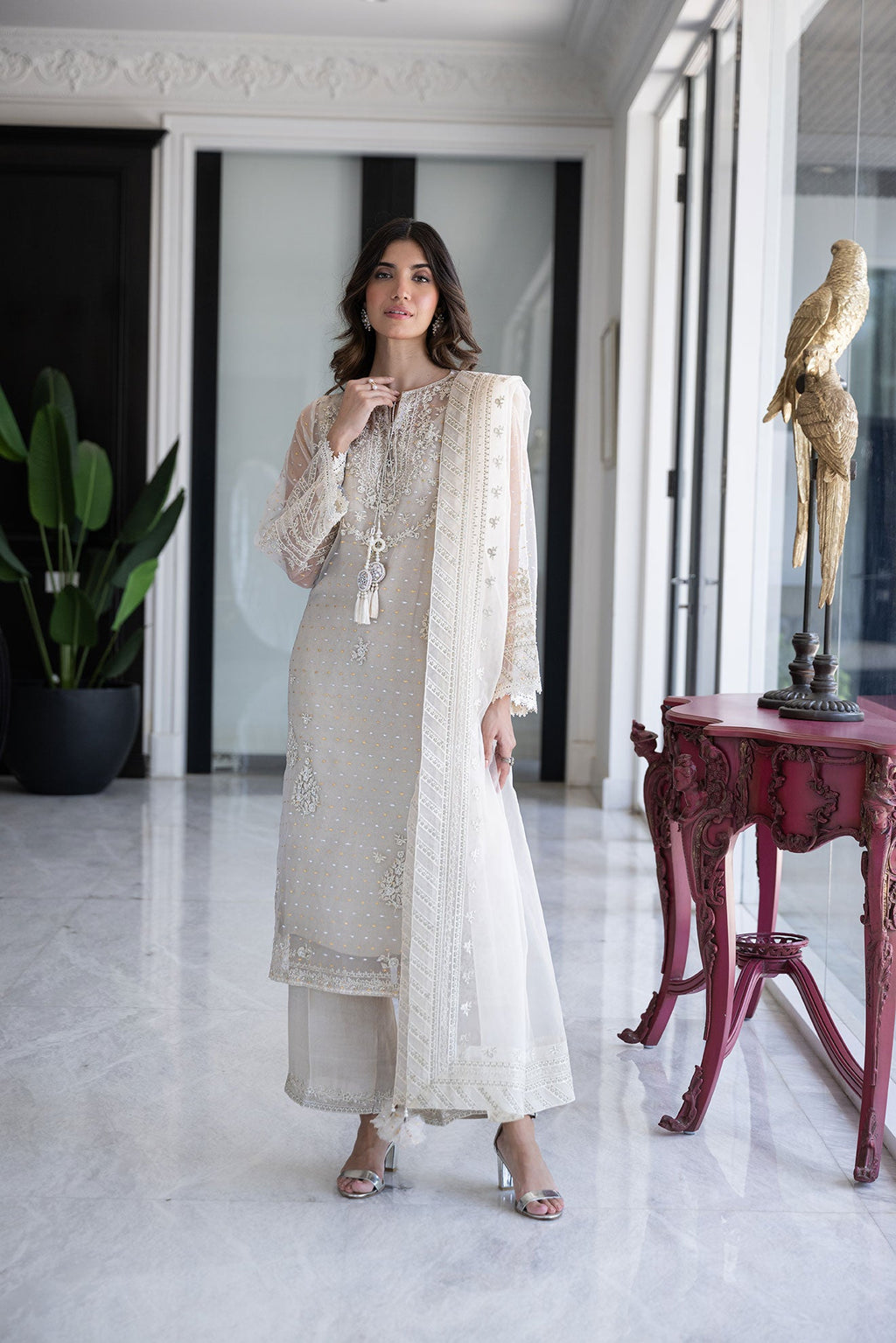 SS24DA-2432 OFF WHITE 2PCS  EMBROIDERED KURTA WITH TROUSER