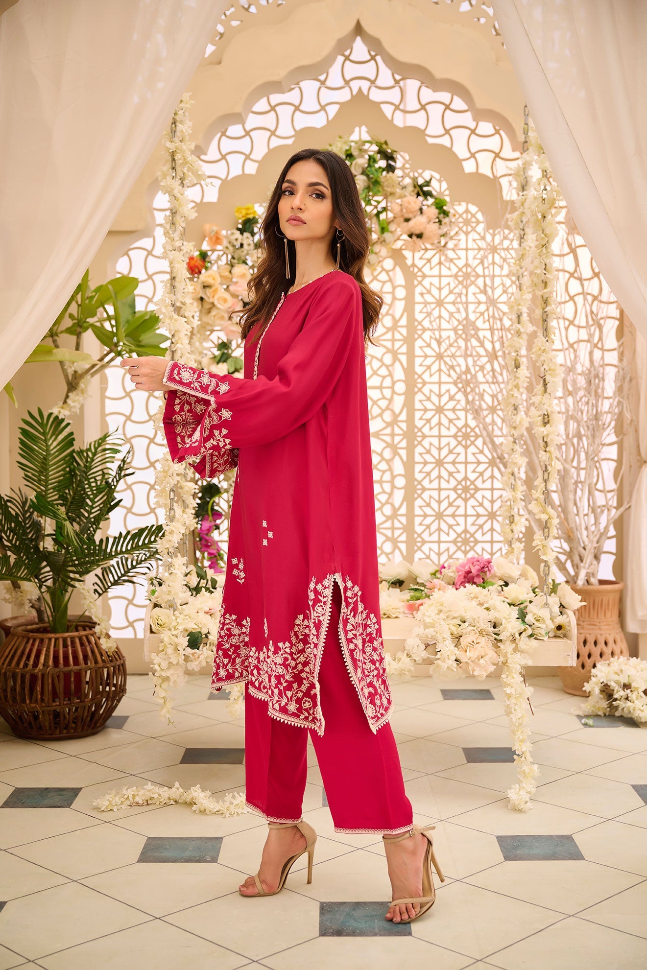 DA-2166 PINK 2PCS  EMBROIDERED KURTA WITH TROUSER