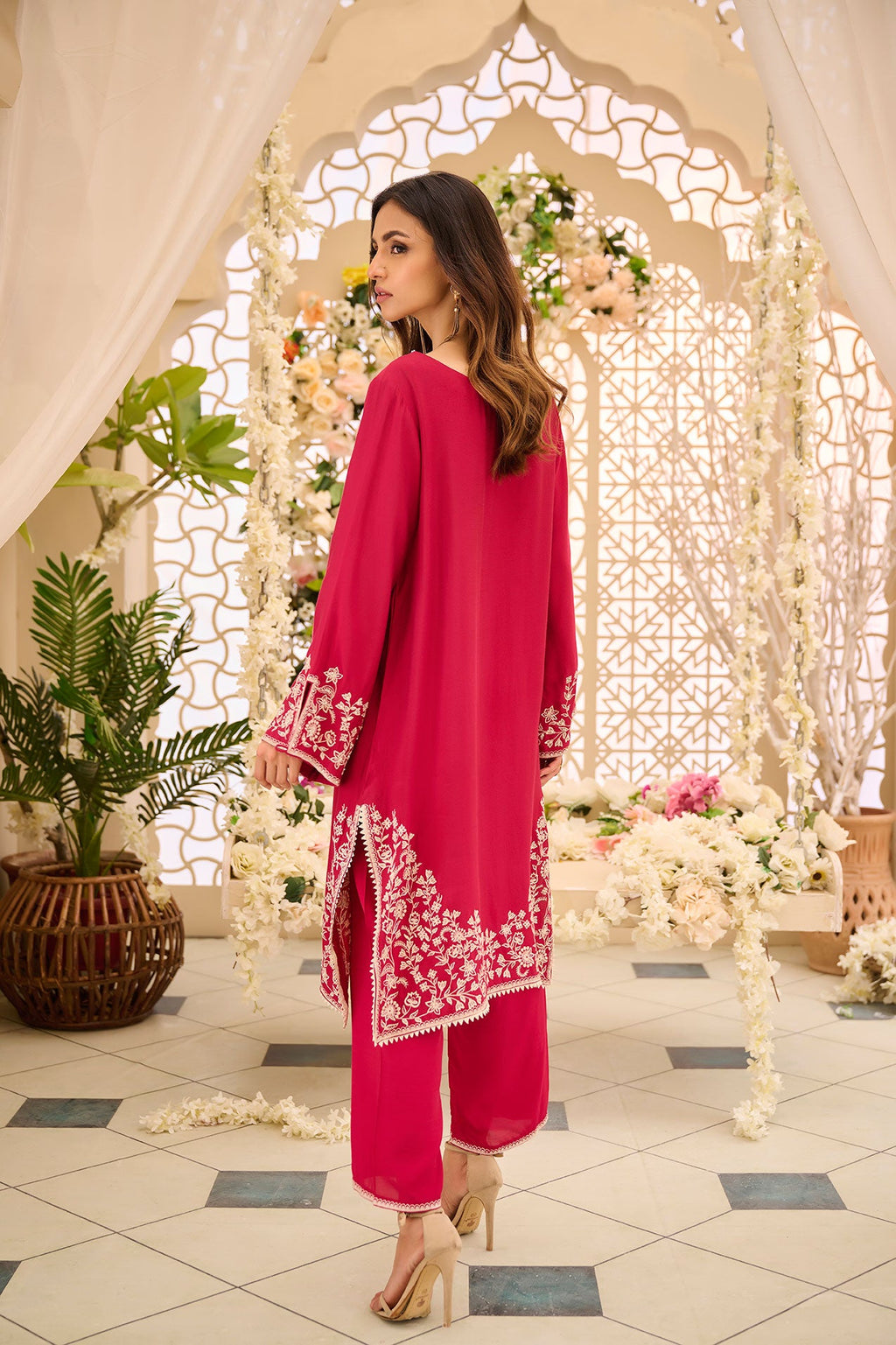 DA-2166 PINK 2PCS  EMBROIDERED KURTA WITH TROUSER