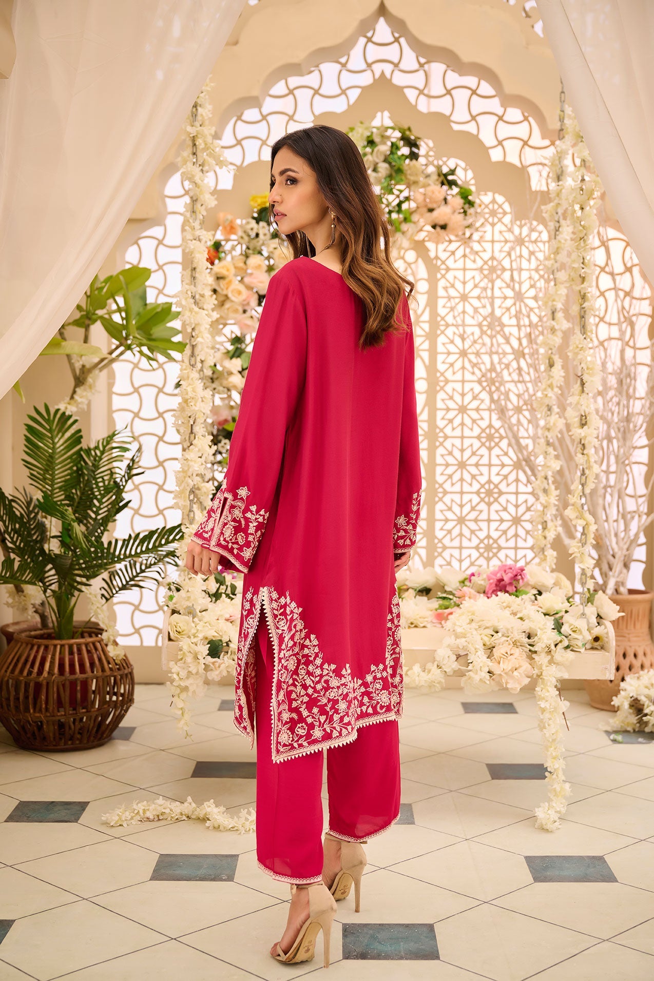 DA-2166 PINK 2PCS  EMBROIDERED KURTA WITH TROUSER