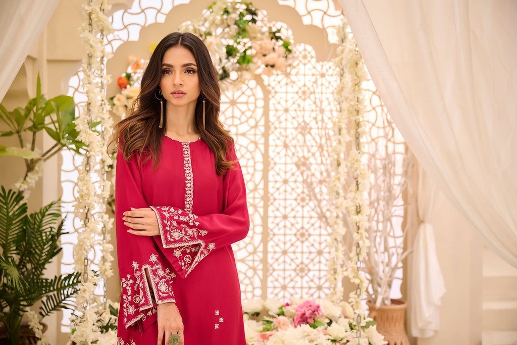 DA-2166 PINK 2PCS  EMBROIDERED KURTA WITH TROUSER