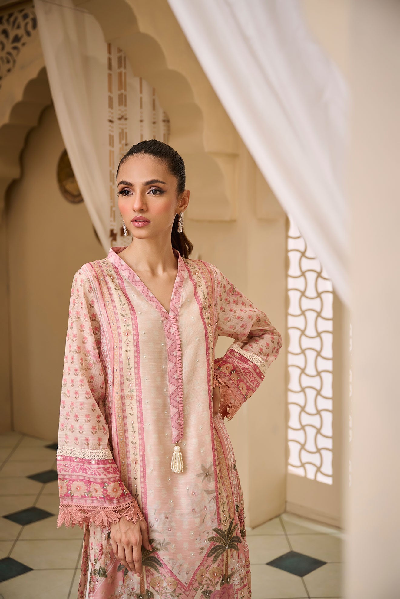 DA-2122 PEACH 2PCS  EMBROIDERED KURTA WITH TROUSER