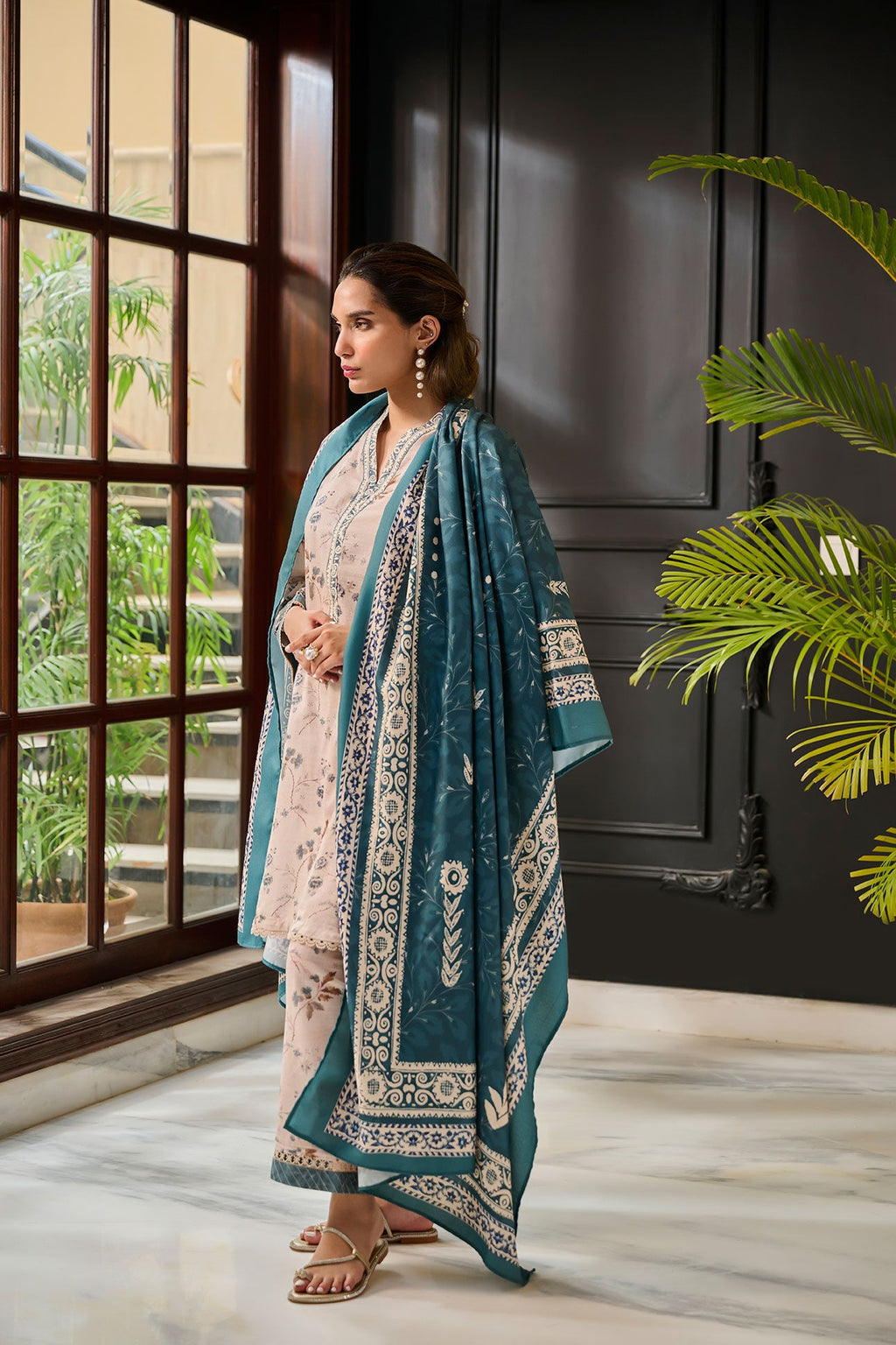 DC-2285 BEIGE 2PCS  EMBROIDERED KURTA WITH TROUSER