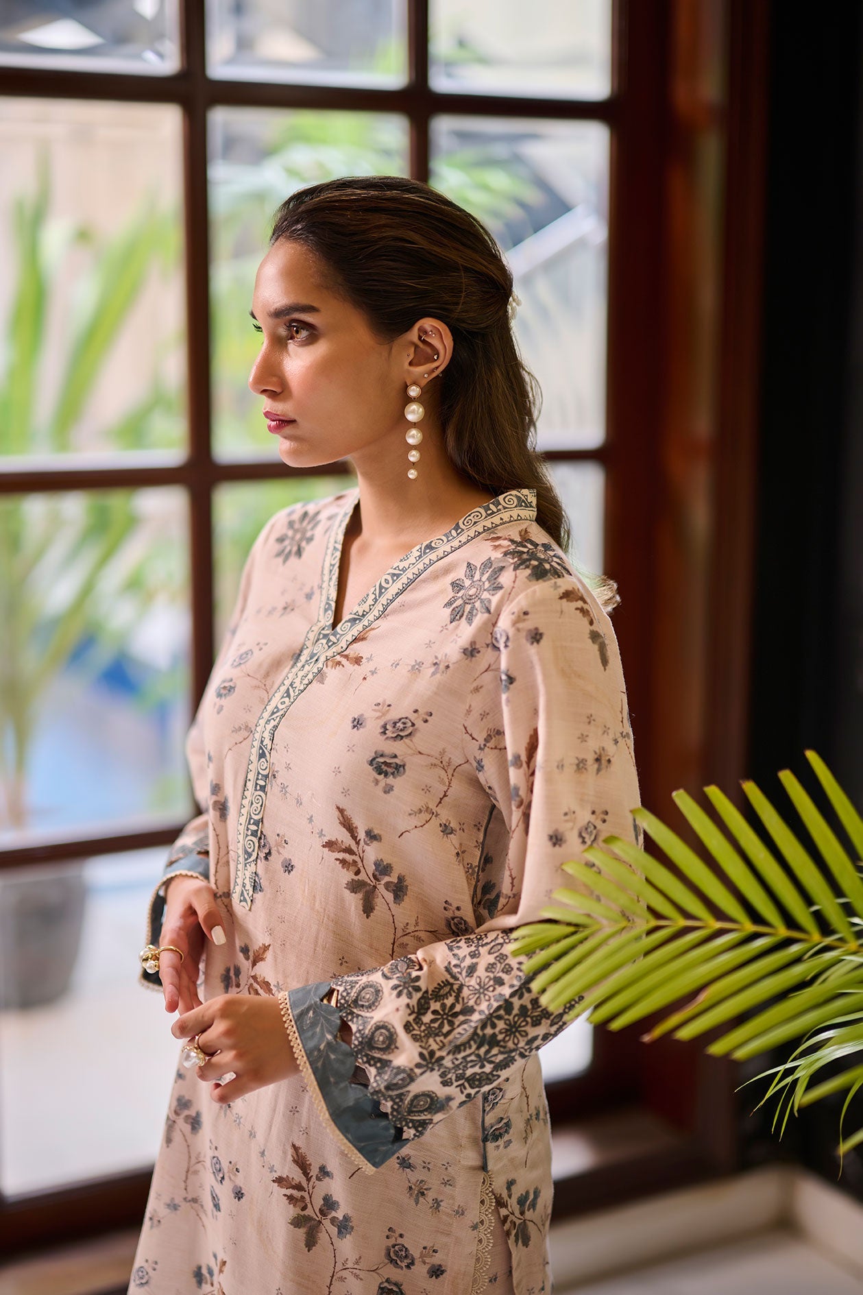 DC-2285 BEIGE 2PCS  EMBROIDERED KURTA WITH TROUSER