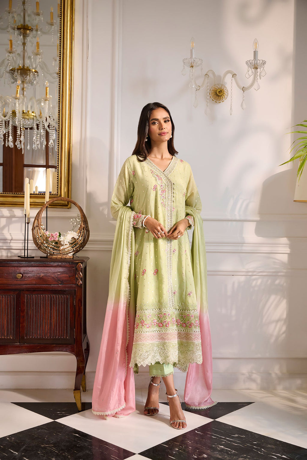SS24DA-2378 LIGHT GREEN 2PCS  EMBROIDERED KURTA WITH TROUSER