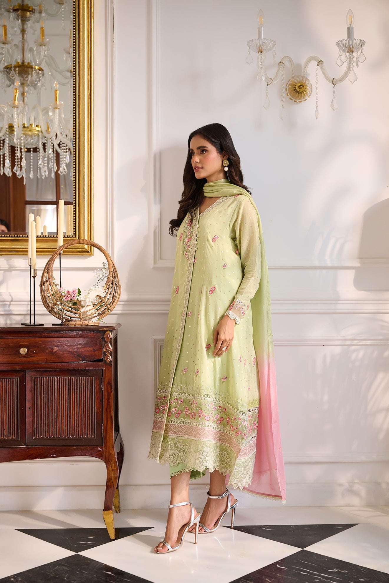 SS24DA-2378 LIGHT GREEN 2PCS  EMBROIDERED KURTA WITH TROUSER