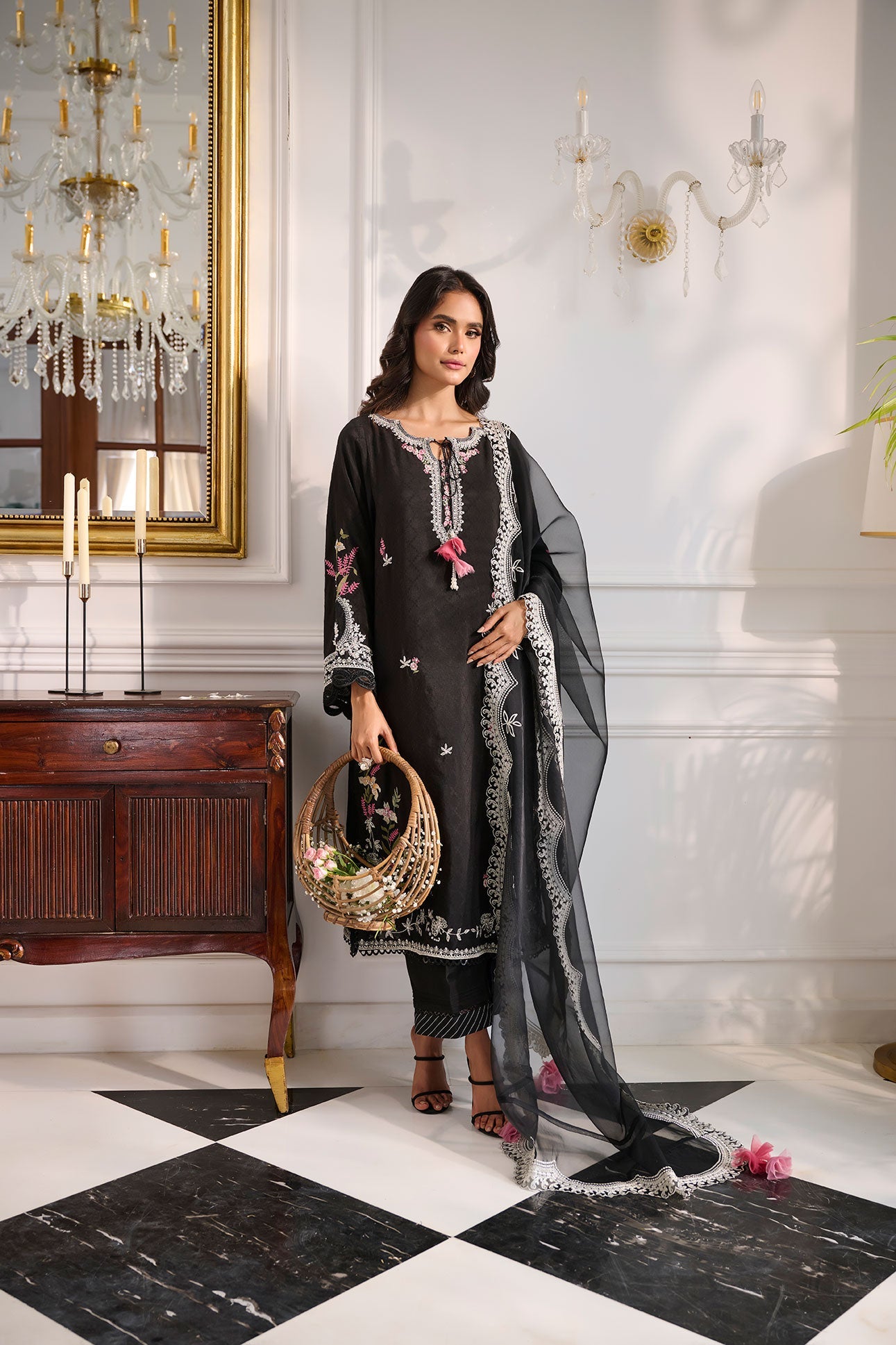 SS24DA-2377 BLACK 2PCS  EMBROIDERED KURTA WITH TROUSER