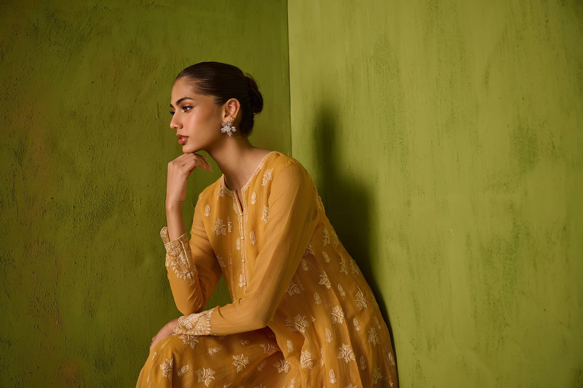 SS24DA-2479   MUSTARD  2PCS  EMBROIDERED KURTA WITH TROUSER