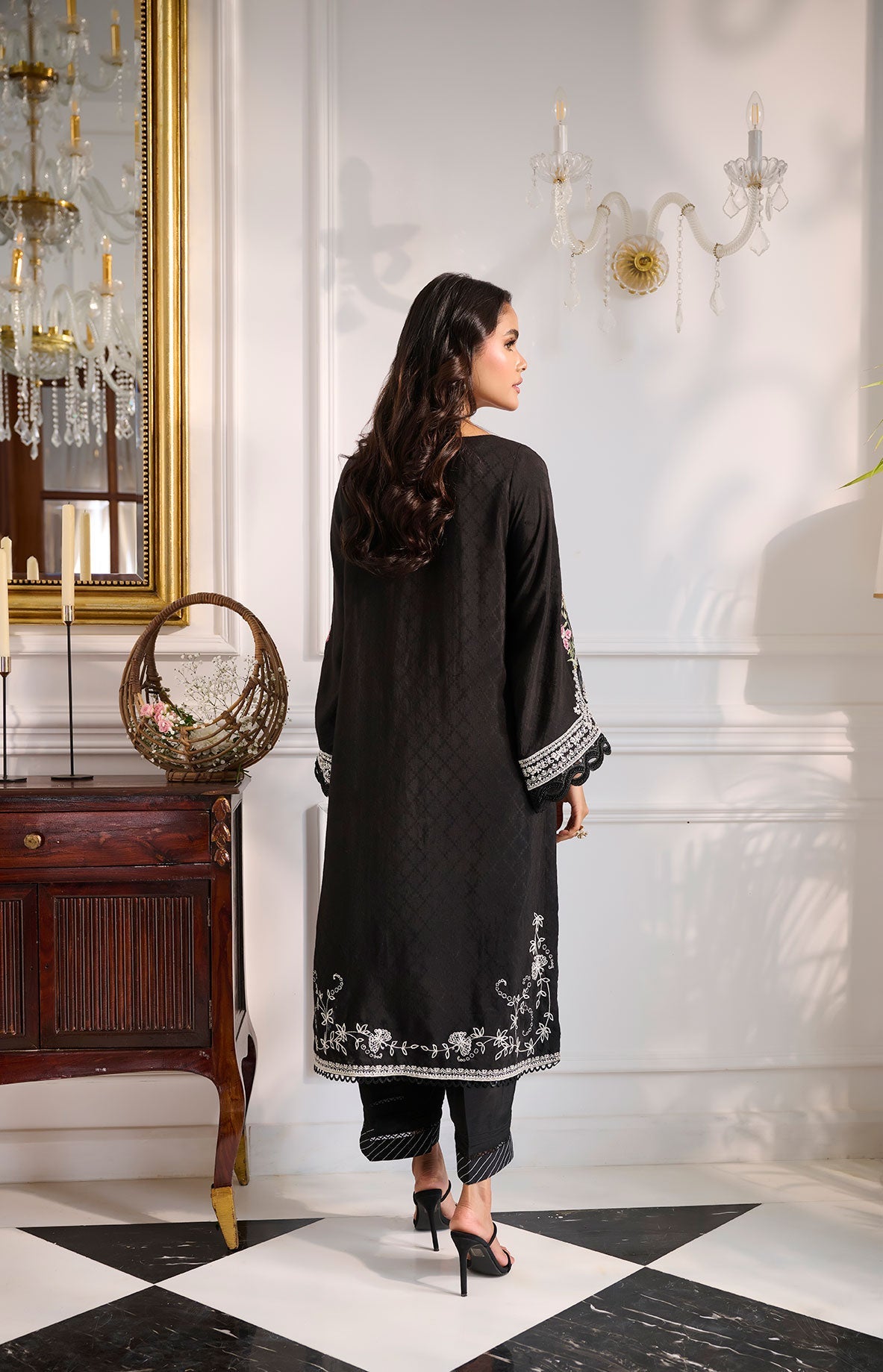 SS24DA-2377 BLACK 2PCS  EMBROIDERED KURTA WITH TROUSER