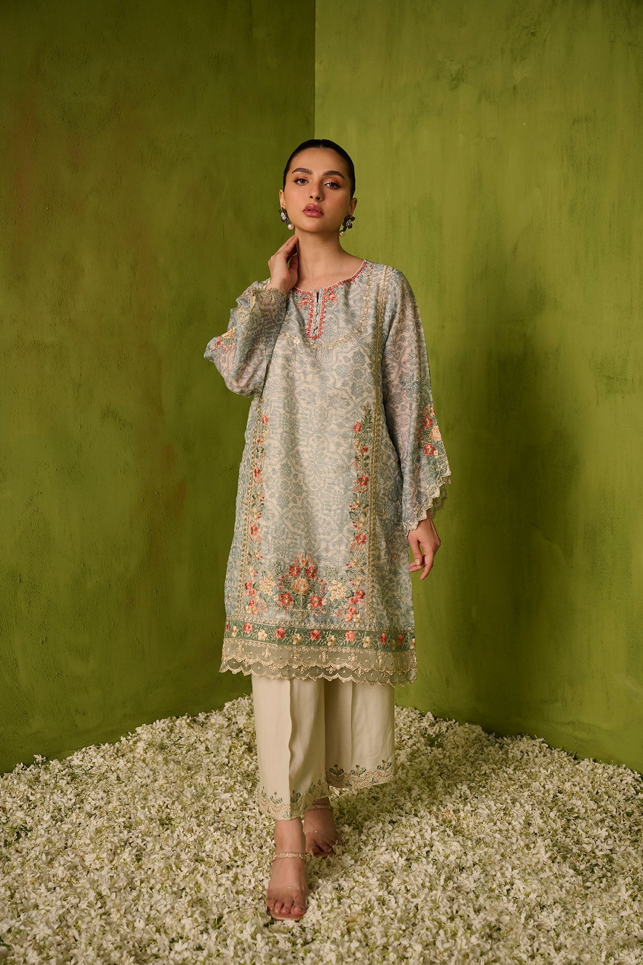 SS24DA-2470   GREEN  2PCS  EMBROIDERED KURTA WITH TROUSER