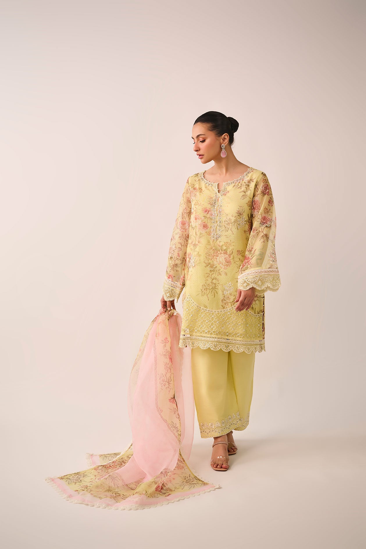 SS24DA-2466   LEMON YELLOW  2PCS  EMBROIDERED KURTA WITH TROUSER