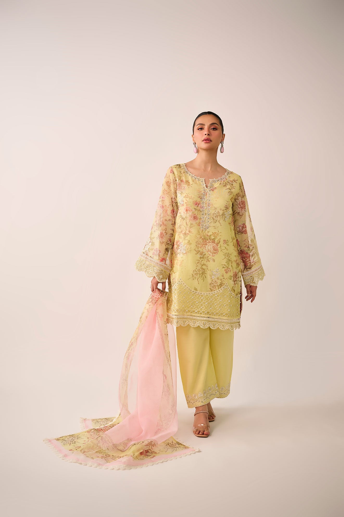 SS24DA-2466   LEMON YELLOW  2PCS  EMBROIDERED KURTA WITH TROUSER