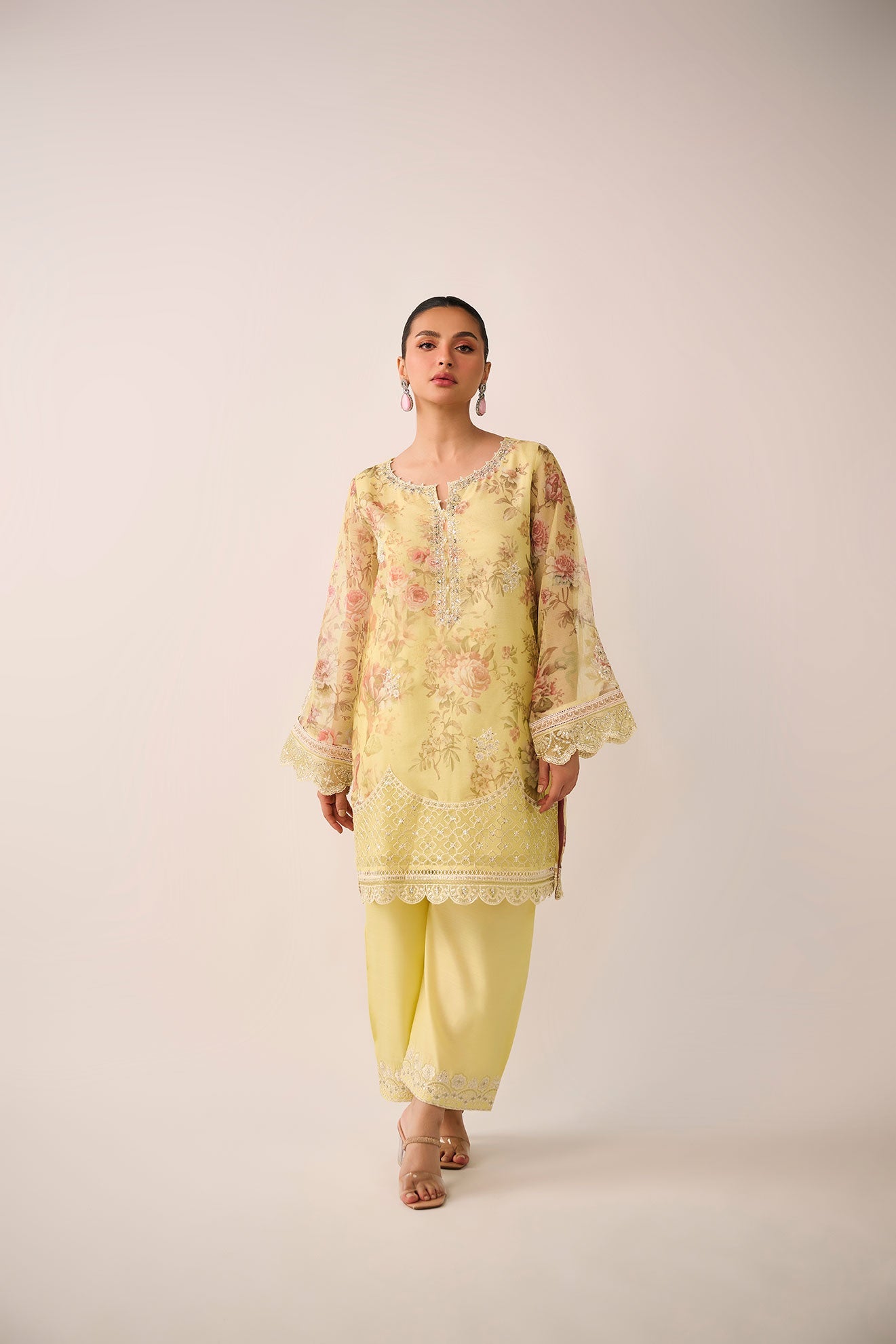 SS24DA-2466   LEMON YELLOW  2PCS  EMBROIDERED KURTA WITH TROUSER