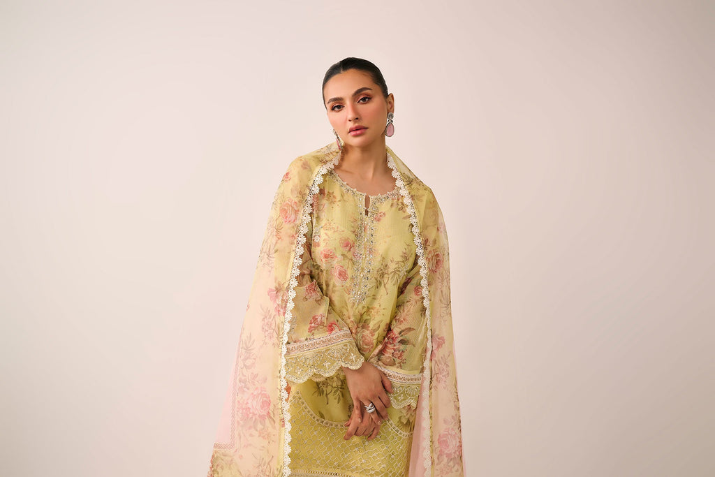 SS24DA-2466   LEMON YELLOW  2PCS  EMBROIDERED KURTA WITH TROUSER