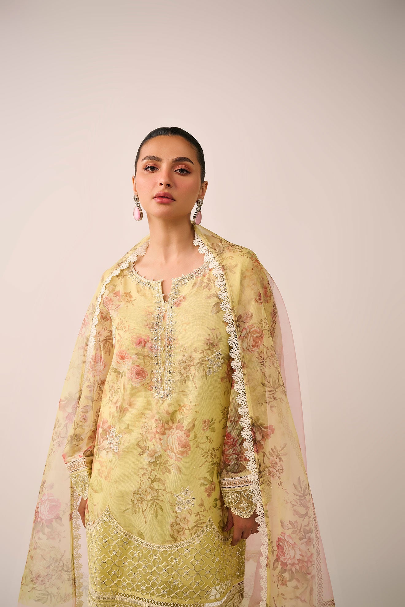 SS24DA-2466   LEMON YELLOW  2PCS  EMBROIDERED KURTA WITH TROUSER