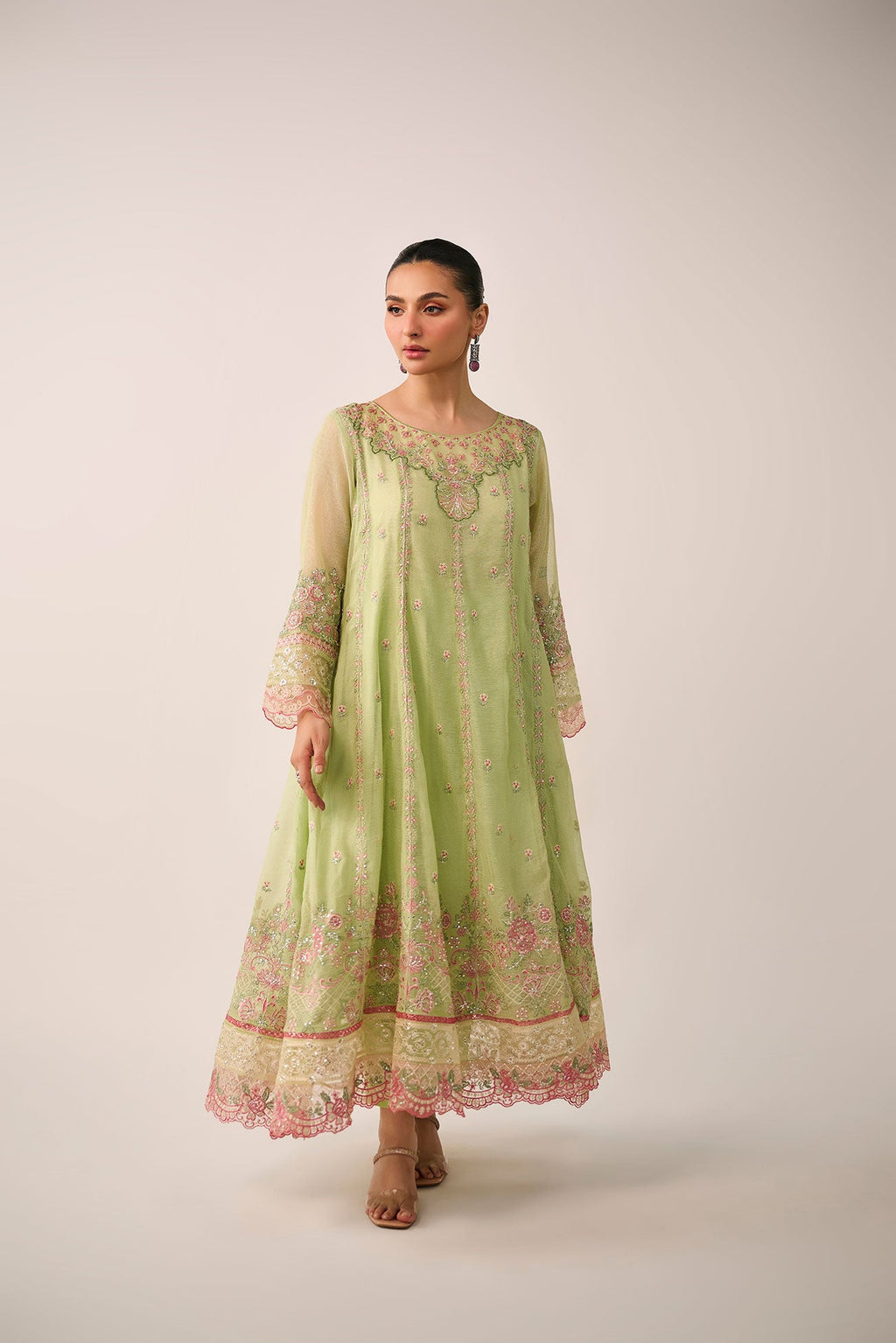SS24DA-3195   L-GREEN  2PCS  EMBROIDERED KURTA WITH TROUSER