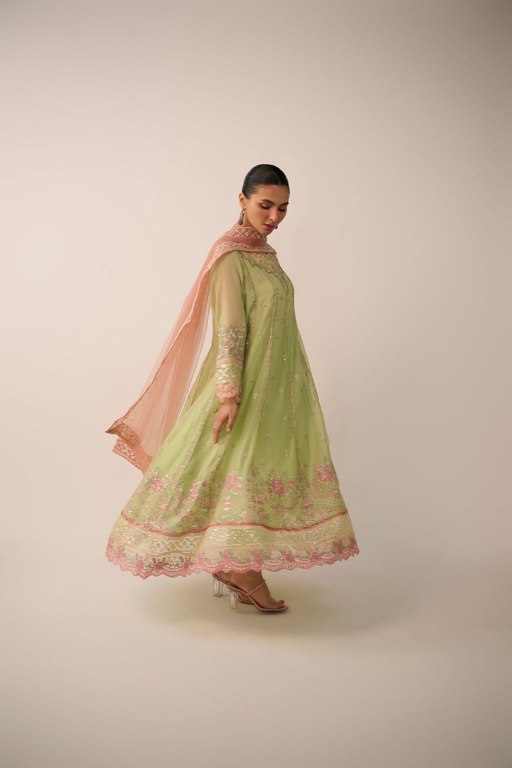 SS24DA-3195   L-GREEN  2PCS  EMBROIDERED KURTA WITH TROUSER