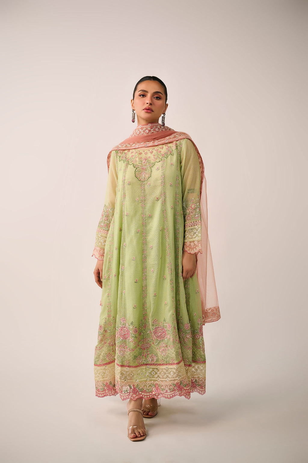 SS24DA-3195   L-GREEN  2PCS  EMBROIDERED KURTA WITH TROUSER