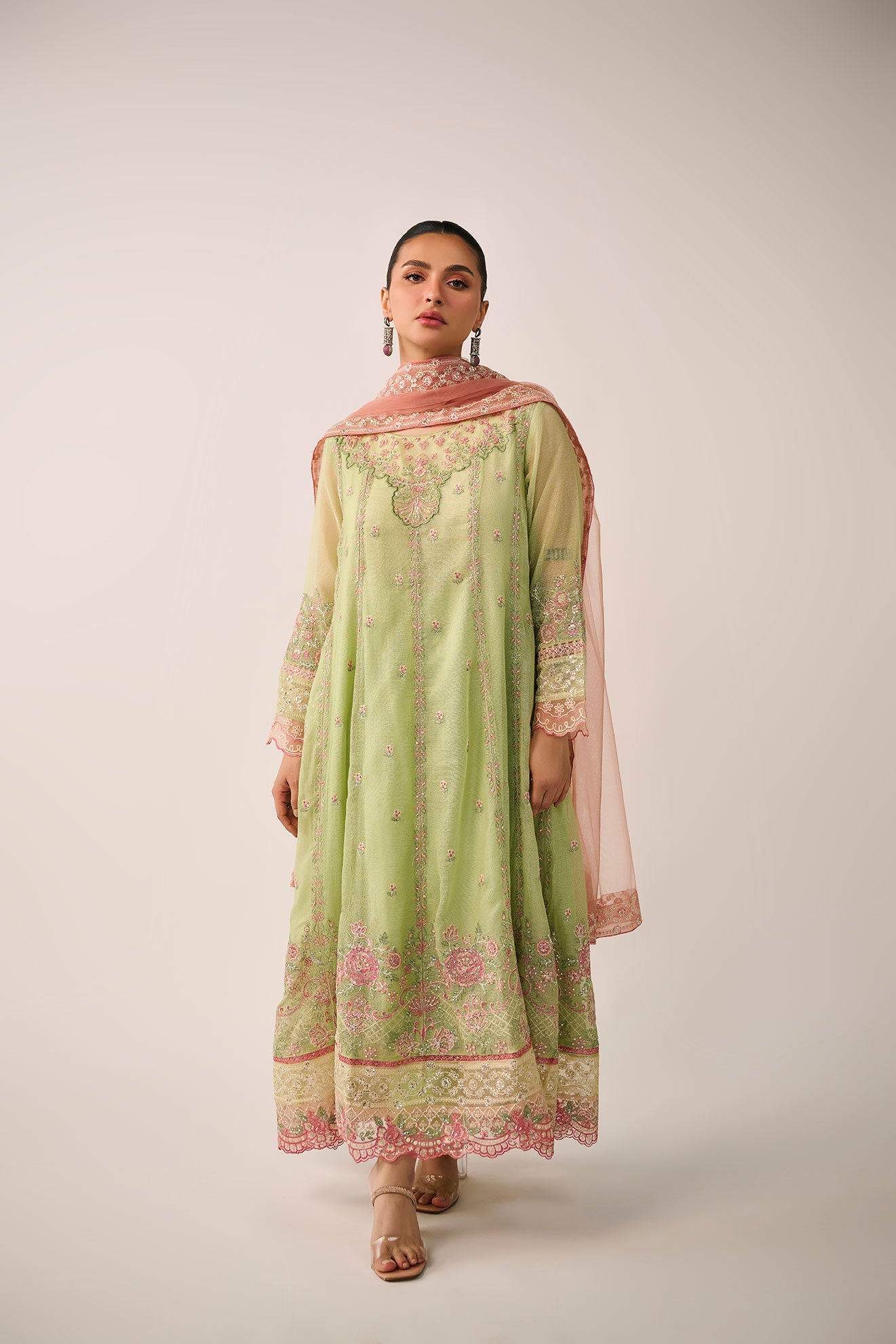SS24DA-3195   L-GREEN  2PCS  EMBROIDERED KURTA WITH TROUSER