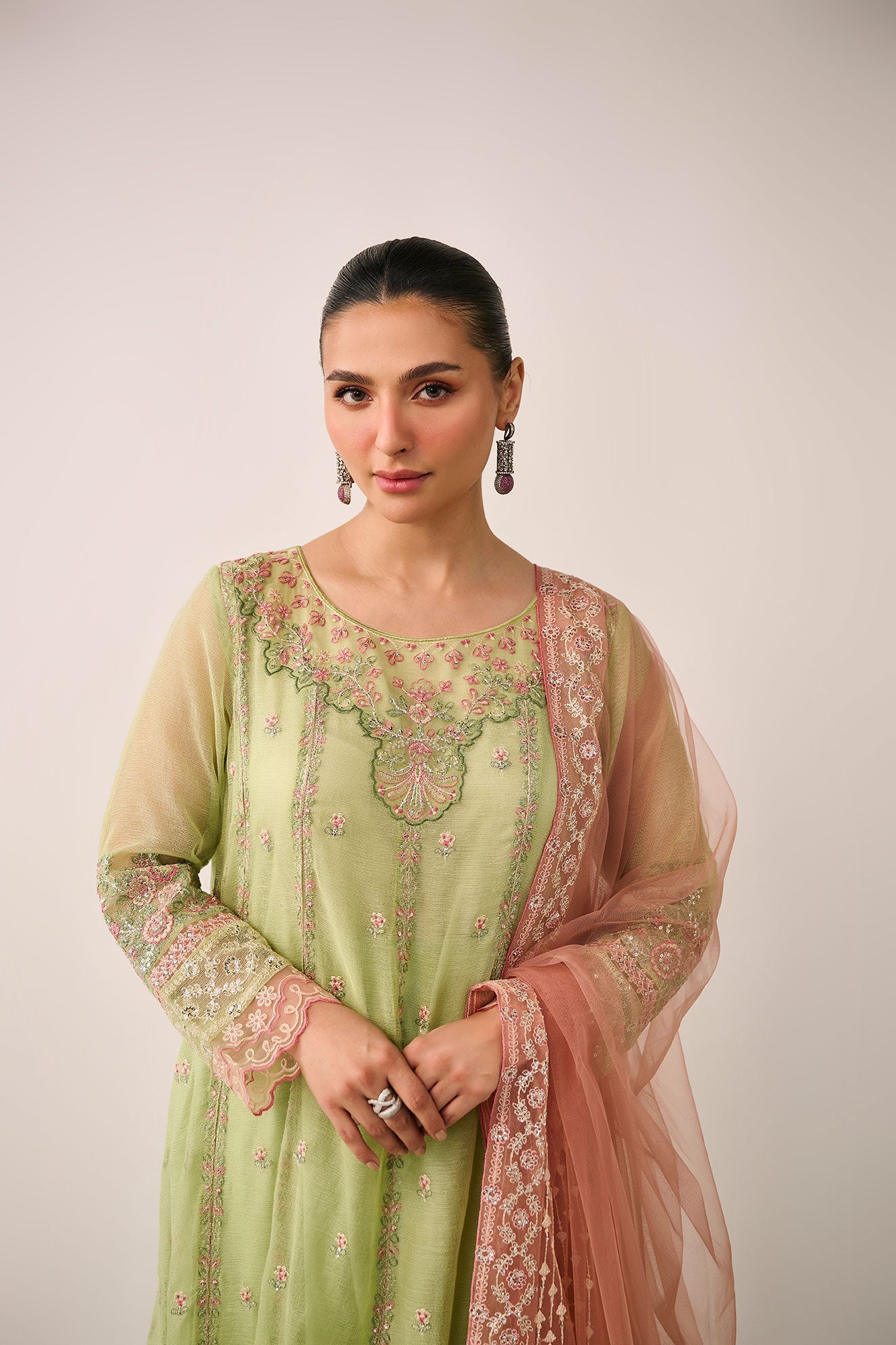 SS24DA-3195   L-GREEN  2PCS  EMBROIDERED KURTA WITH TROUSER