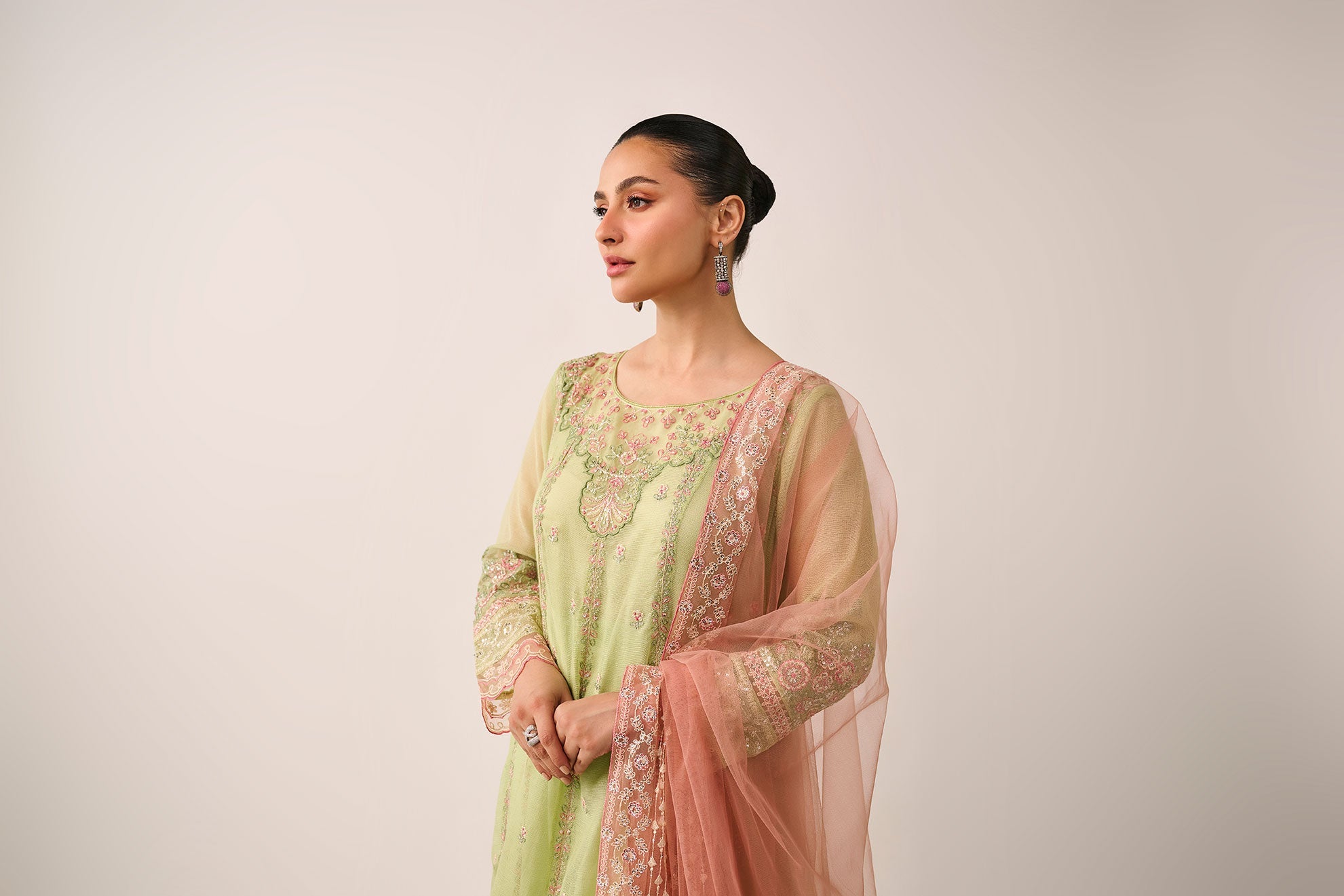 SS24DA-3195   L-GREEN  2PCS  EMBROIDERED KURTA WITH TROUSER