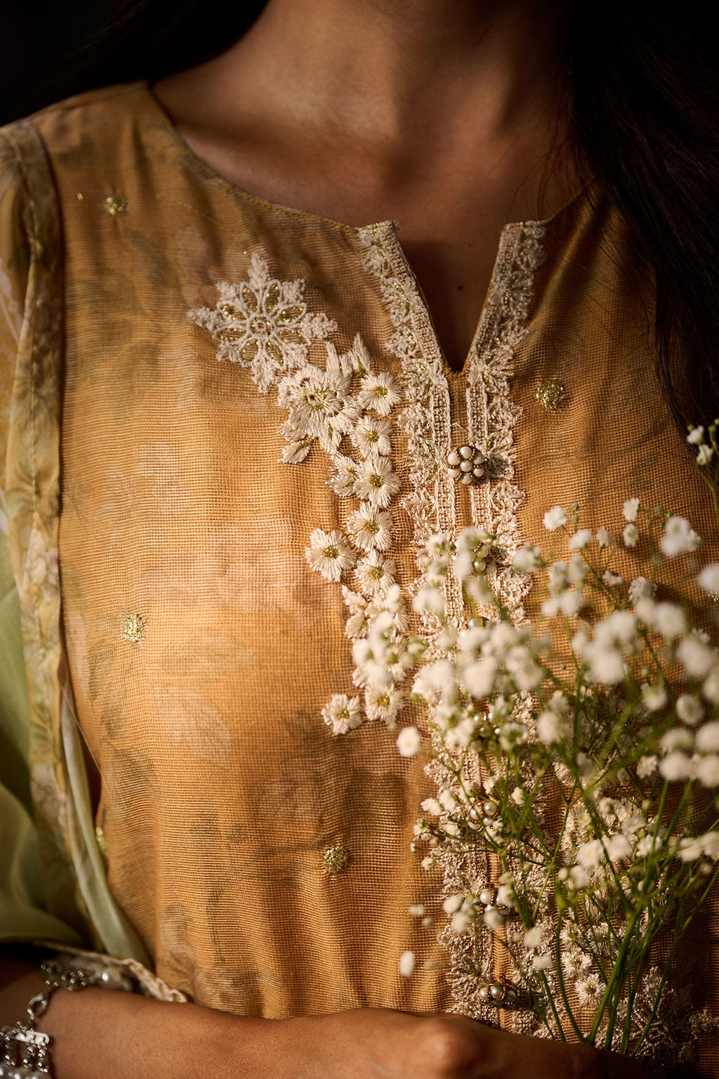 SS24DA-2386 MUSTARD 2PCS  EMBROIDERED KURTA WITH TROUSER