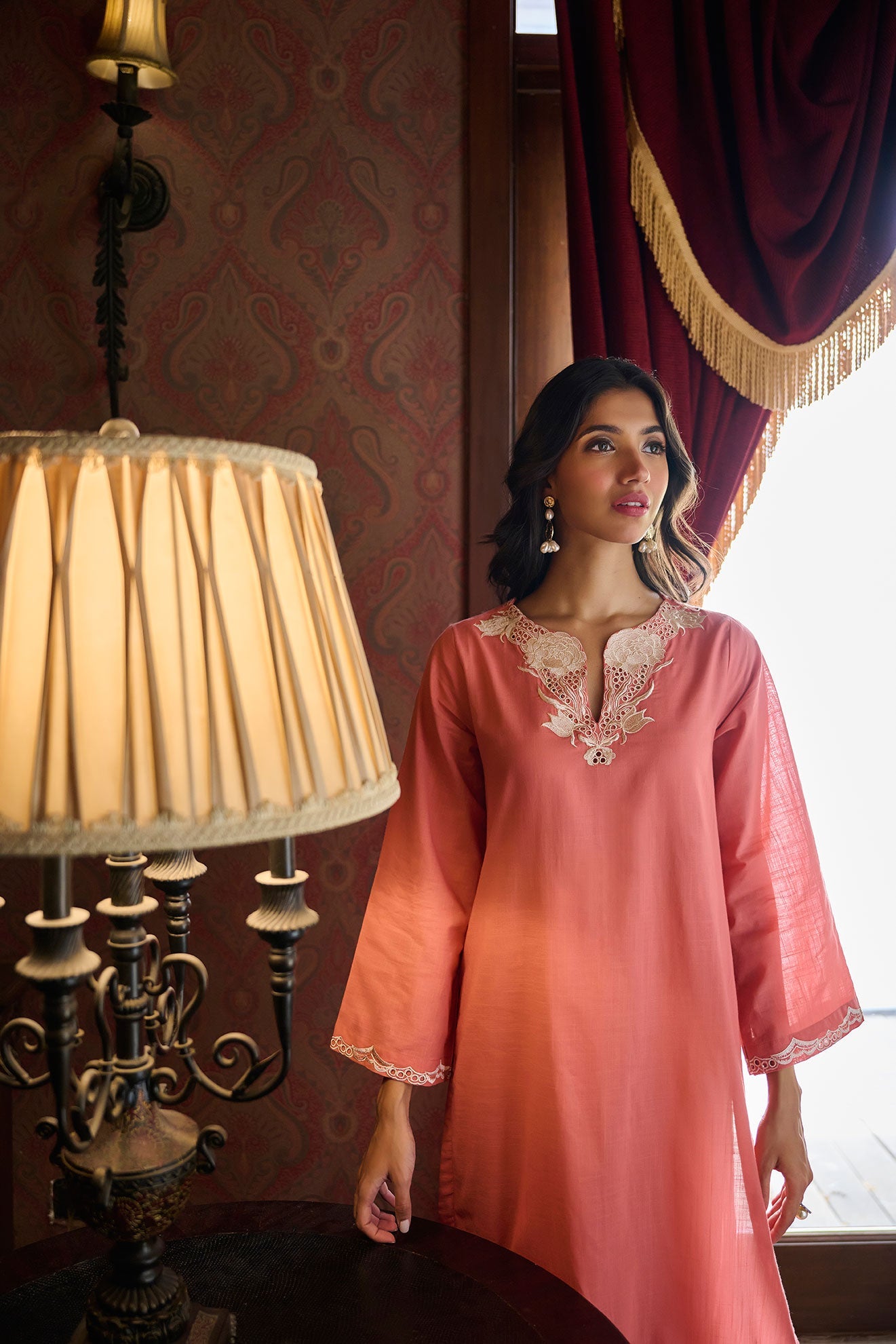 DC-2219 RUST 2PCS  EMBROIDERED KURTA WITH TROUSER
