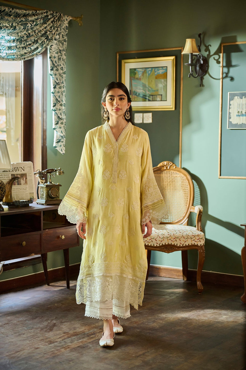 SS24DA-2389   LEMON YELLOW  2PCS  EMBROIDERED KURTA WITH TROUSER