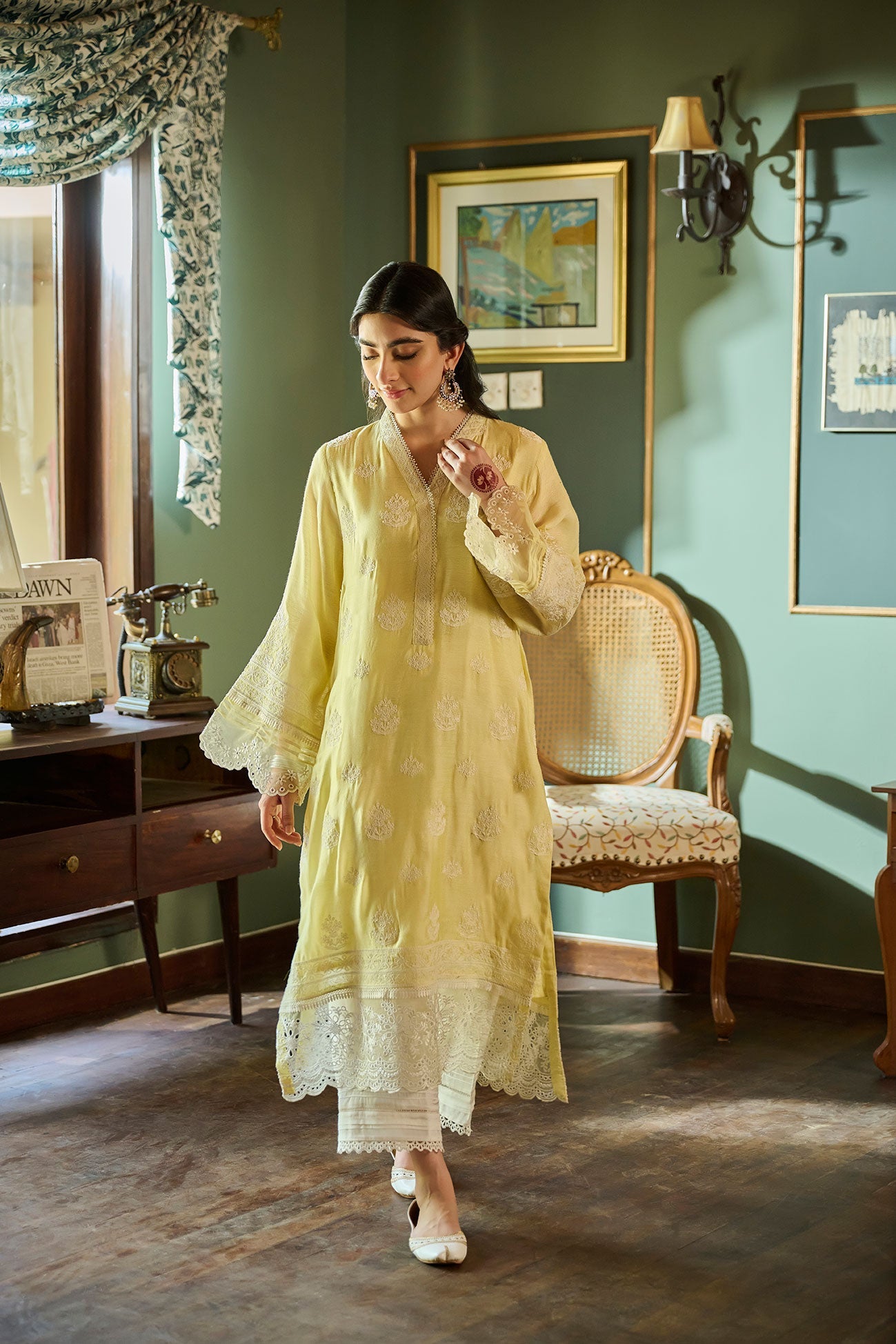 SS24DA-2389   LEMON YELLOW  2PCS  EMBROIDERED KURTA WITH TROUSER