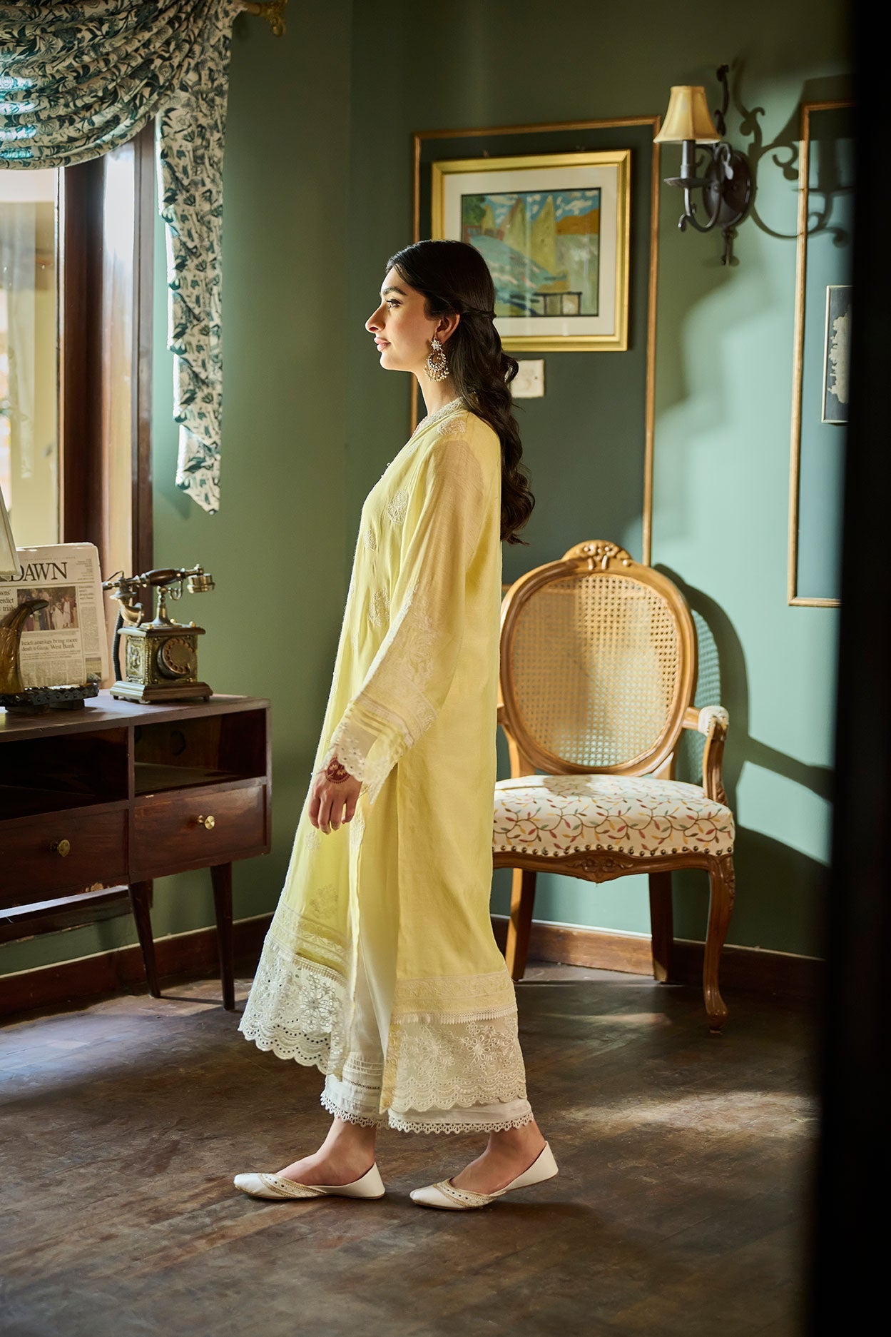 SS24DA-2389   LEMON YELLOW  2PCS  EMBROIDERED KURTA WITH TROUSER