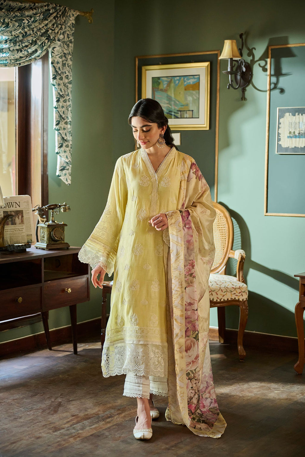 SS24DA-2389   LEMON YELLOW  2PCS  EMBROIDERED KURTA WITH TROUSER