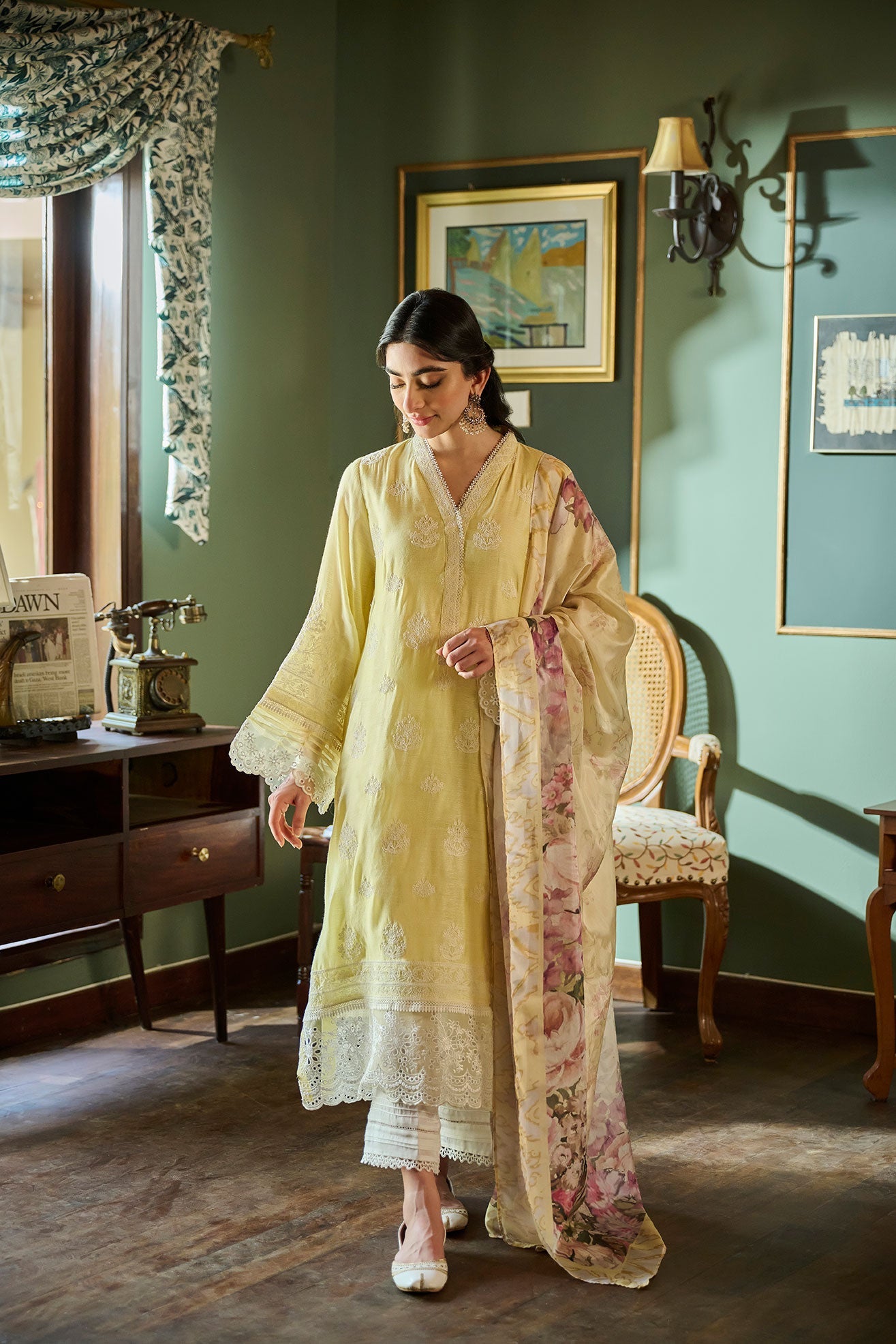 SS24DA-2389   LEMON YELLOW  2PCS  EMBROIDERED KURTA WITH TROUSER