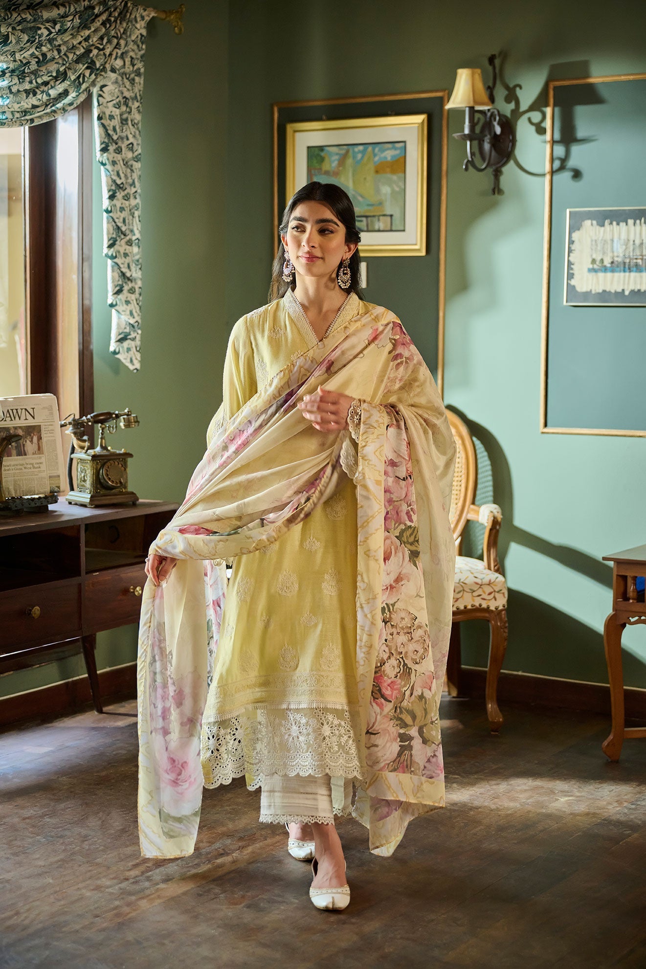 SS24DA-2389   LEMON YELLOW  2PCS  EMBROIDERED KURTA WITH TROUSER