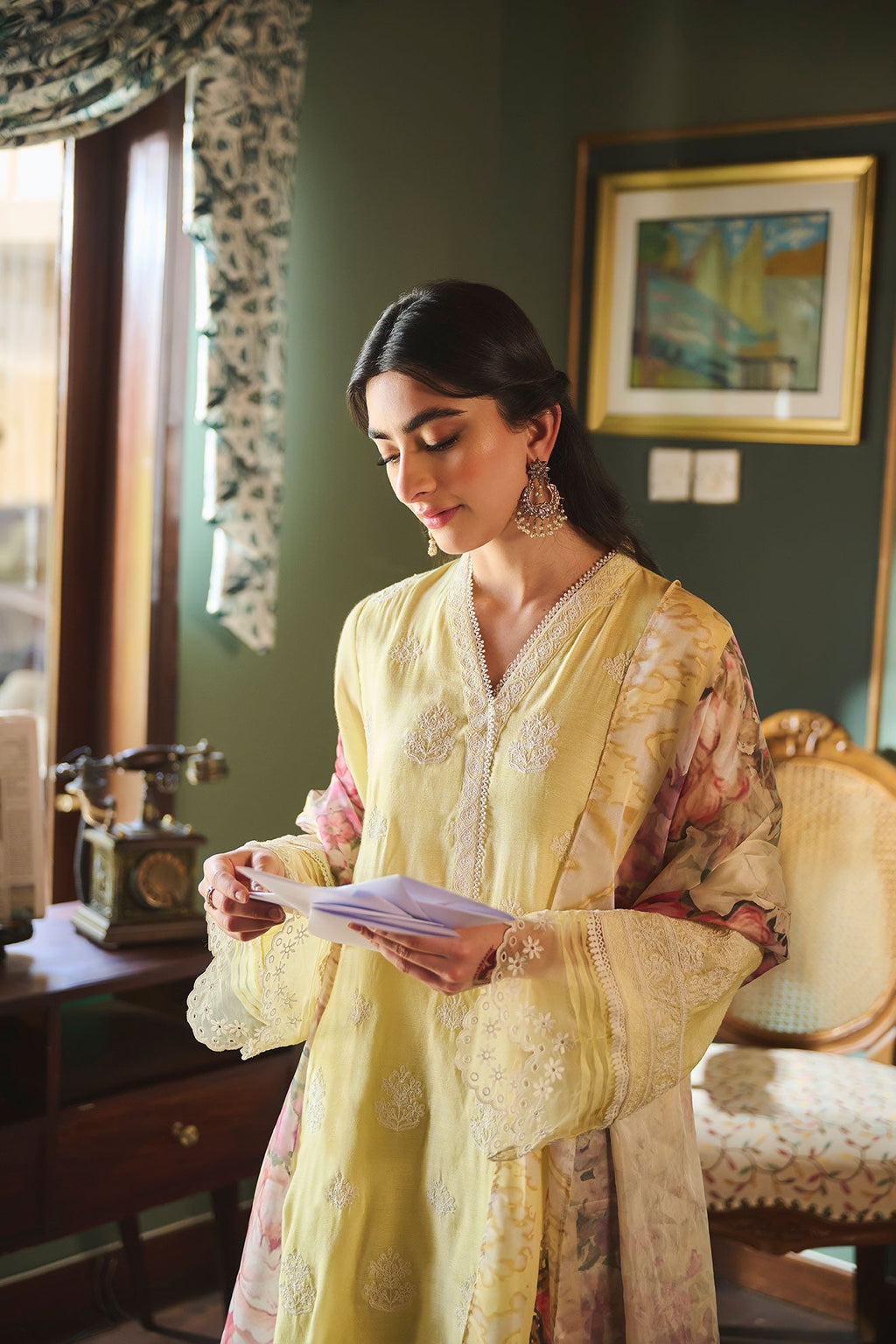 SS24DA-2389   LEMON YELLOW  2PCS  EMBROIDERED KURTA WITH TROUSER