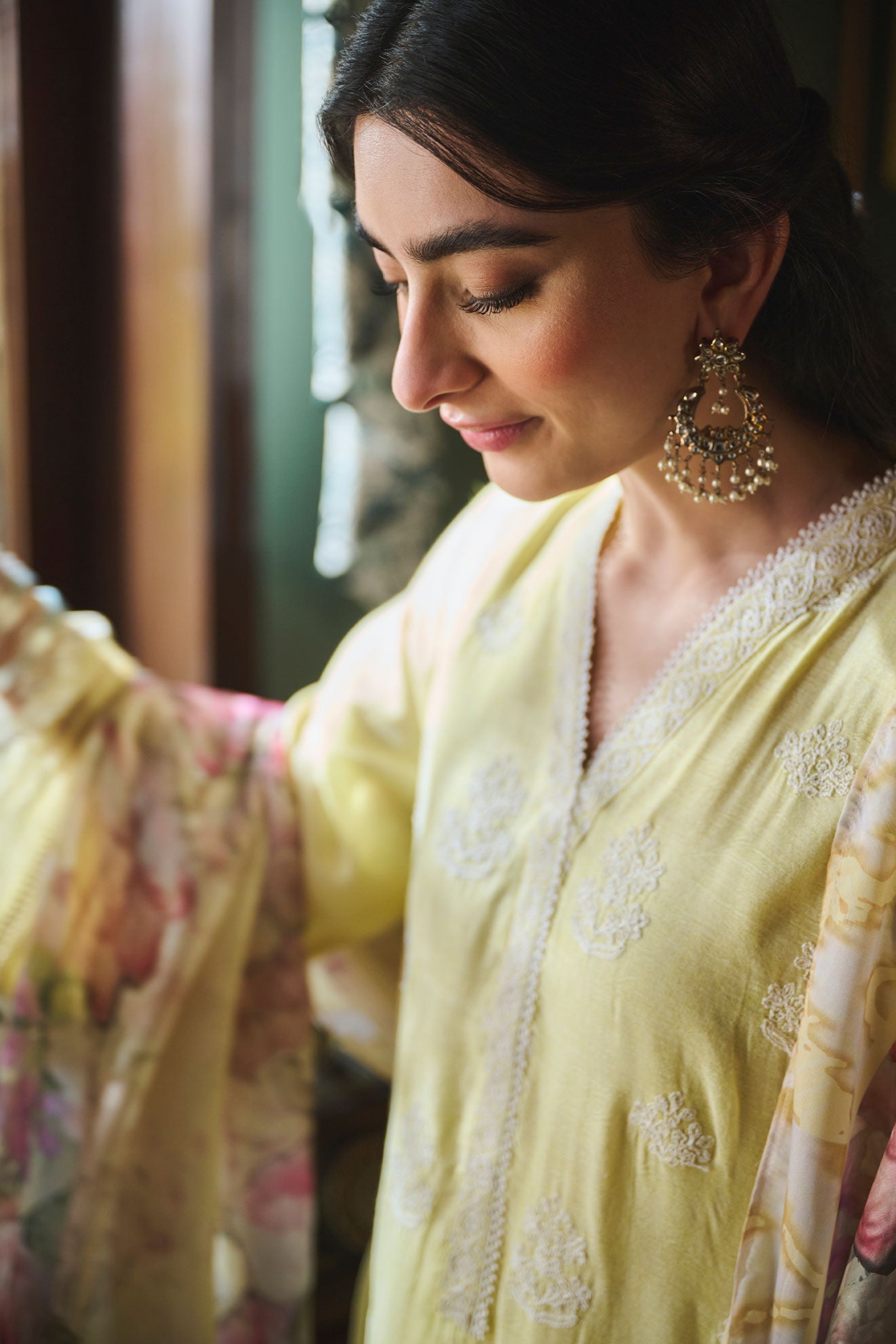 SS24DA-2389   LEMON YELLOW  2PCS  EMBROIDERED KURTA WITH TROUSER