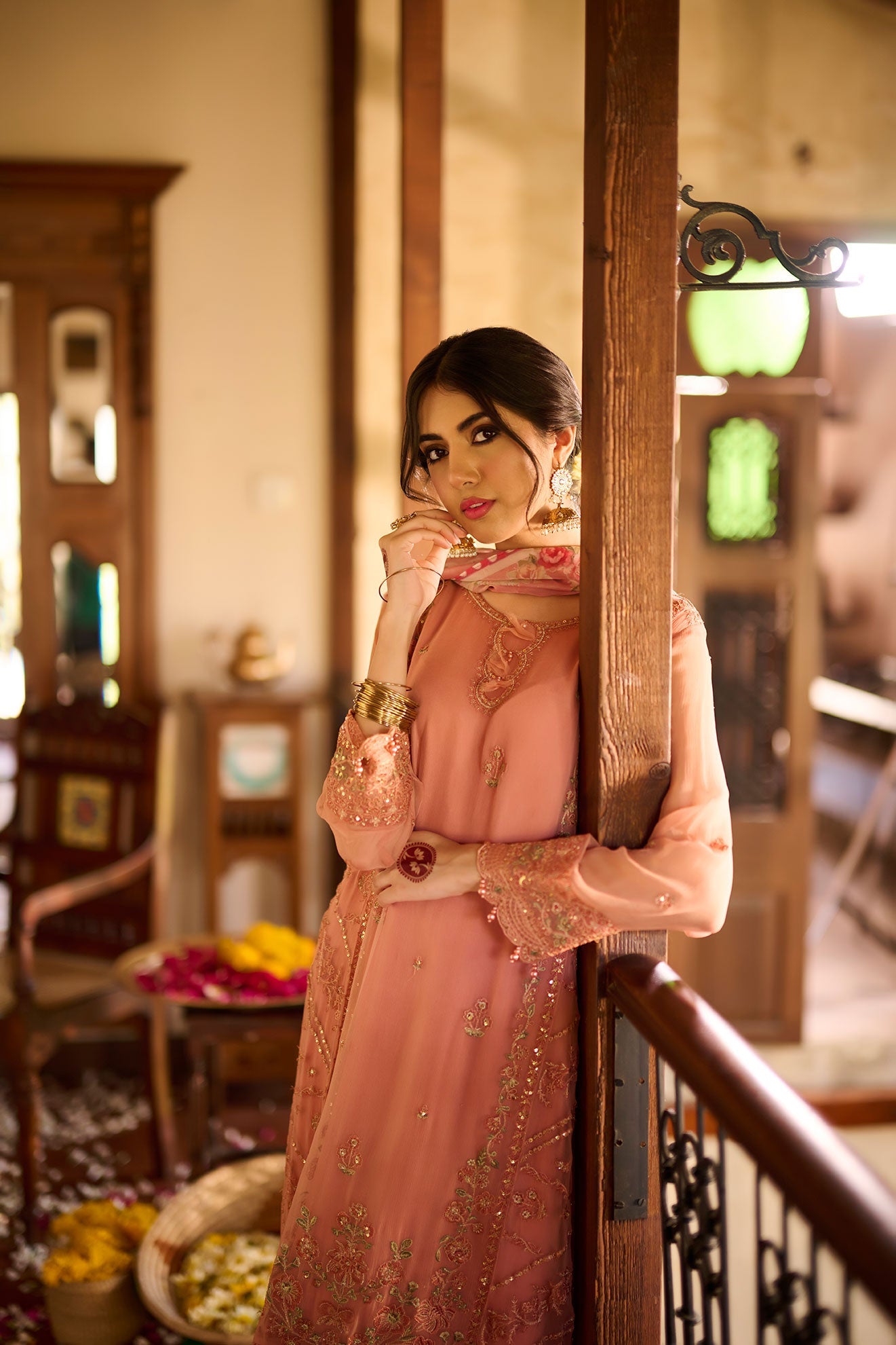 SS24DA-2366   RUST  2PCS  EMBROIDERED KURTA WITH TROUSER