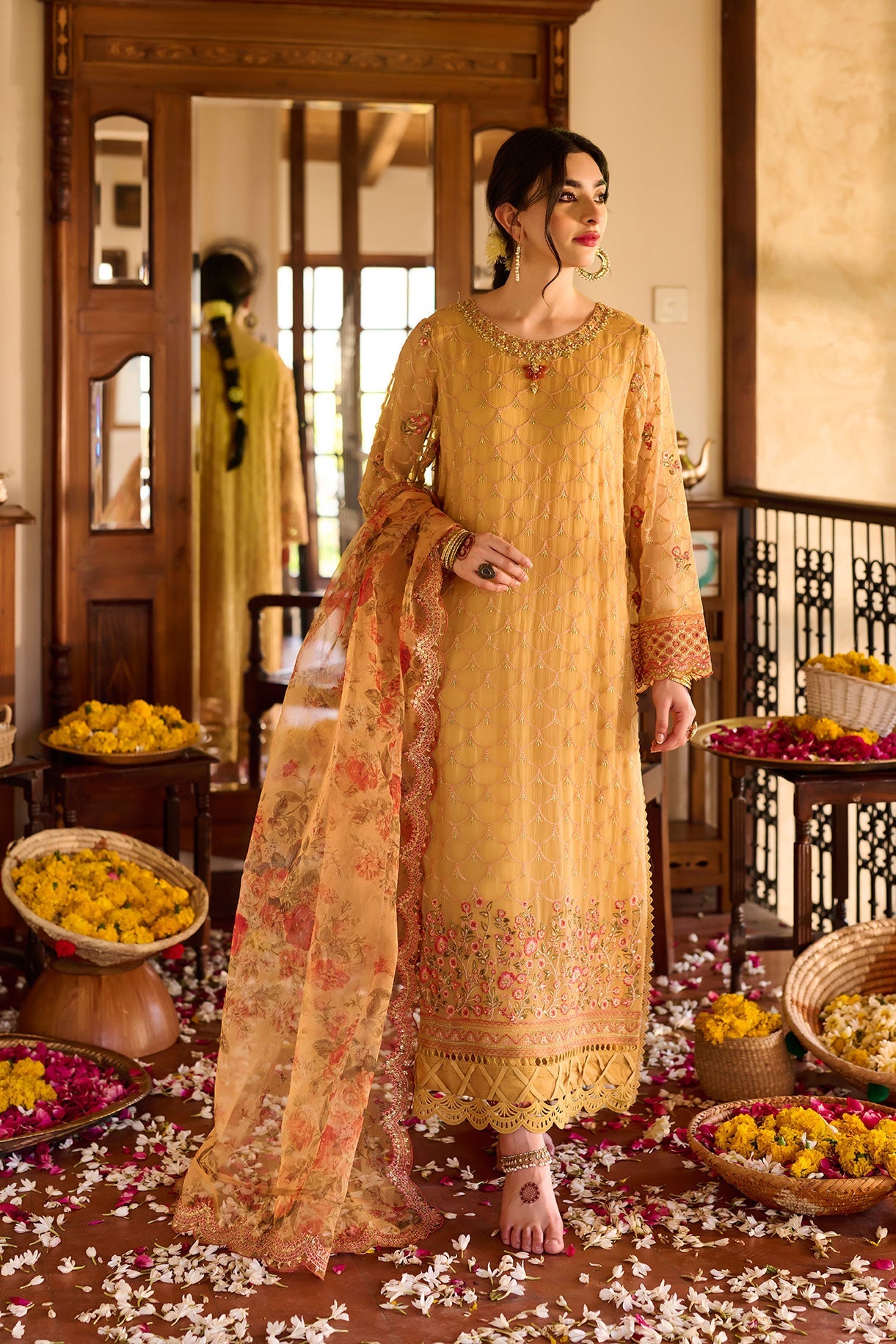 SS24DA-2376   MUSTARD  2PCS  EMBROIDERED KURTA WITH TROUSER
