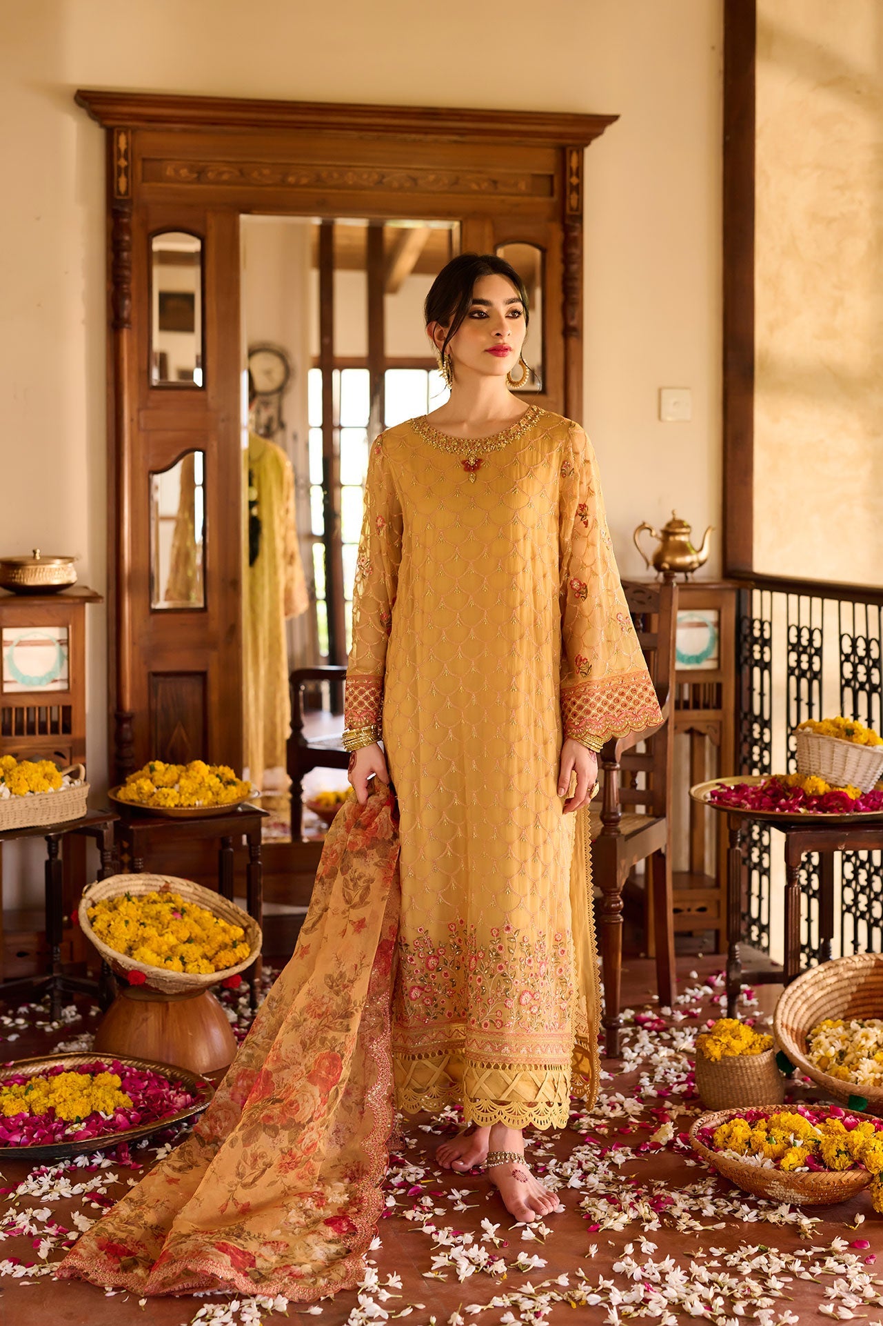 SS24DA-2376   MUSTARD  2PCS  EMBROIDERED KURTA WITH TROUSER