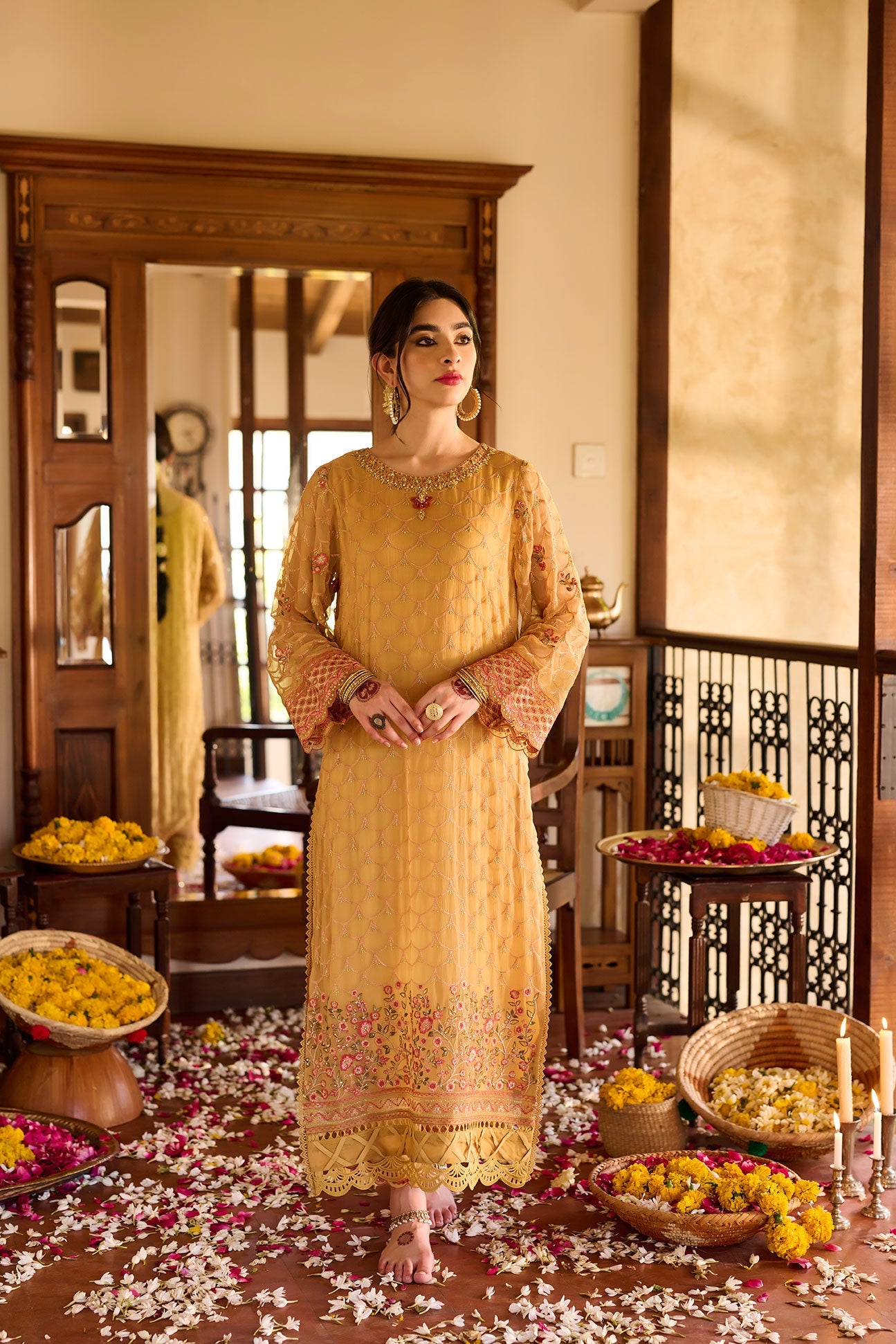 SS24DA-2376   MUSTARD  2PCS  EMBROIDERED KURTA WITH TROUSER