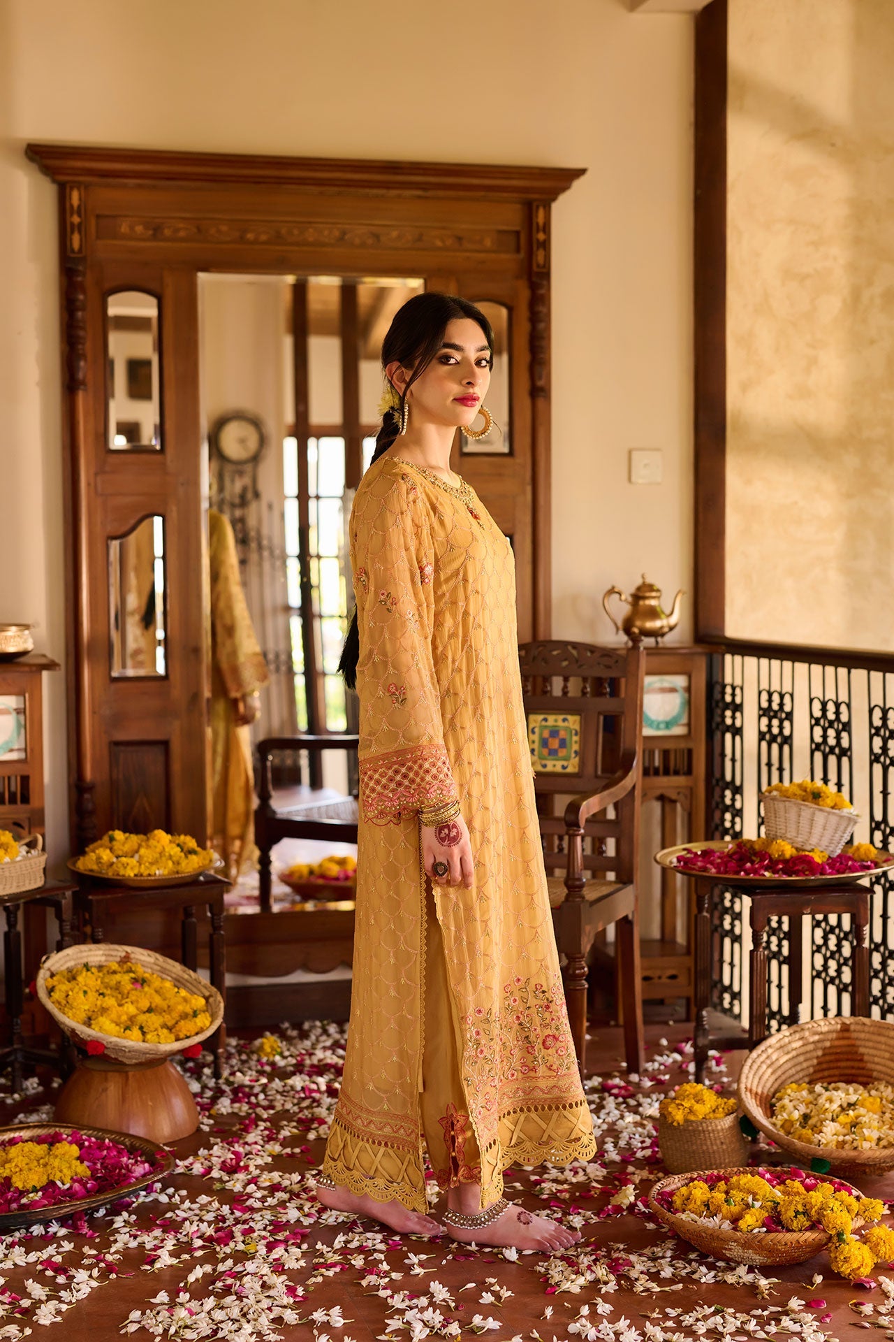 SS24DA-2376   MUSTARD  2PCS  EMBROIDERED KURTA WITH TROUSER