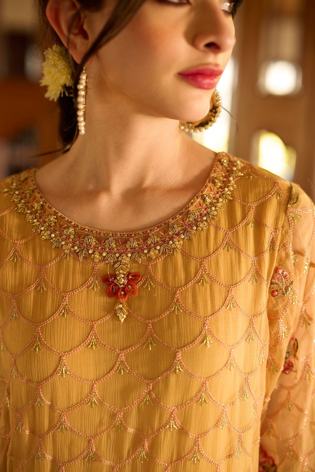 SS24DA-2376   MUSTARD  2PCS  EMBROIDERED KURTA WITH TROUSER