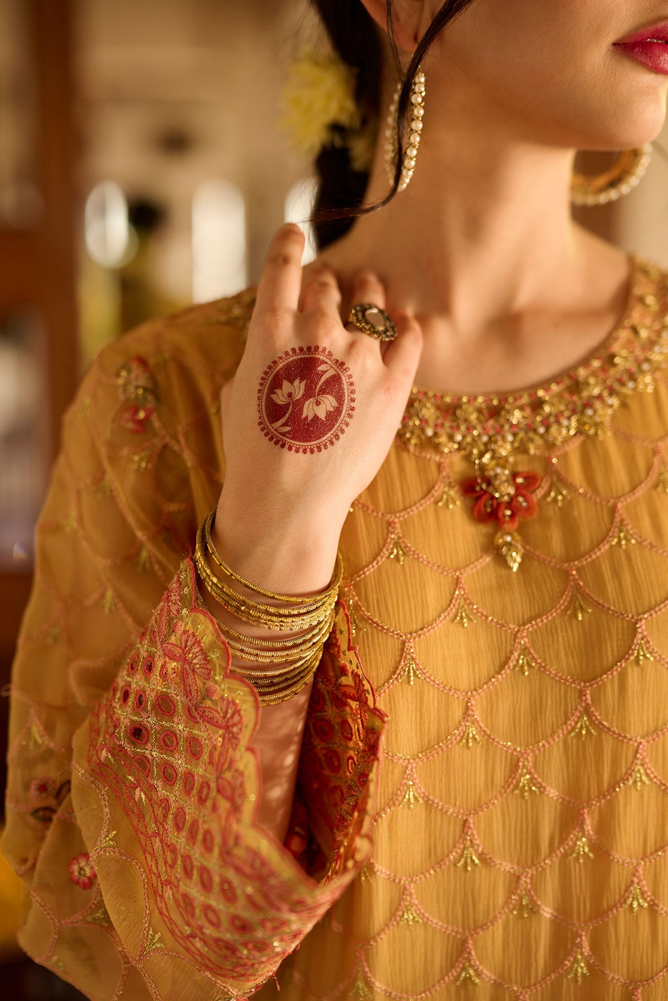 SS24DA-2376   MUSTARD  2PCS  EMBROIDERED KURTA WITH TROUSER
