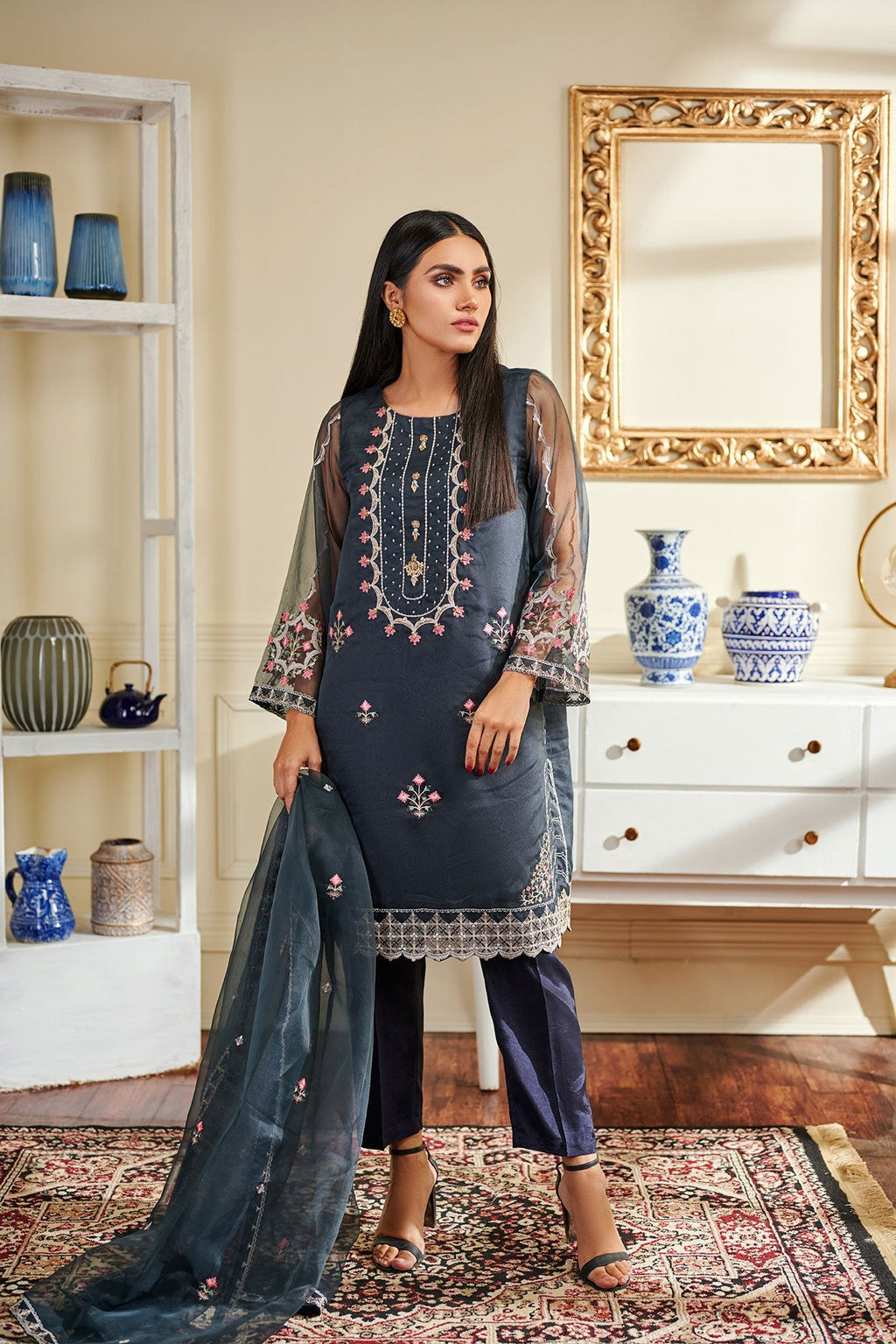 DA-1458 Grey EMBROIDERED KURTA WITH DUPATTA